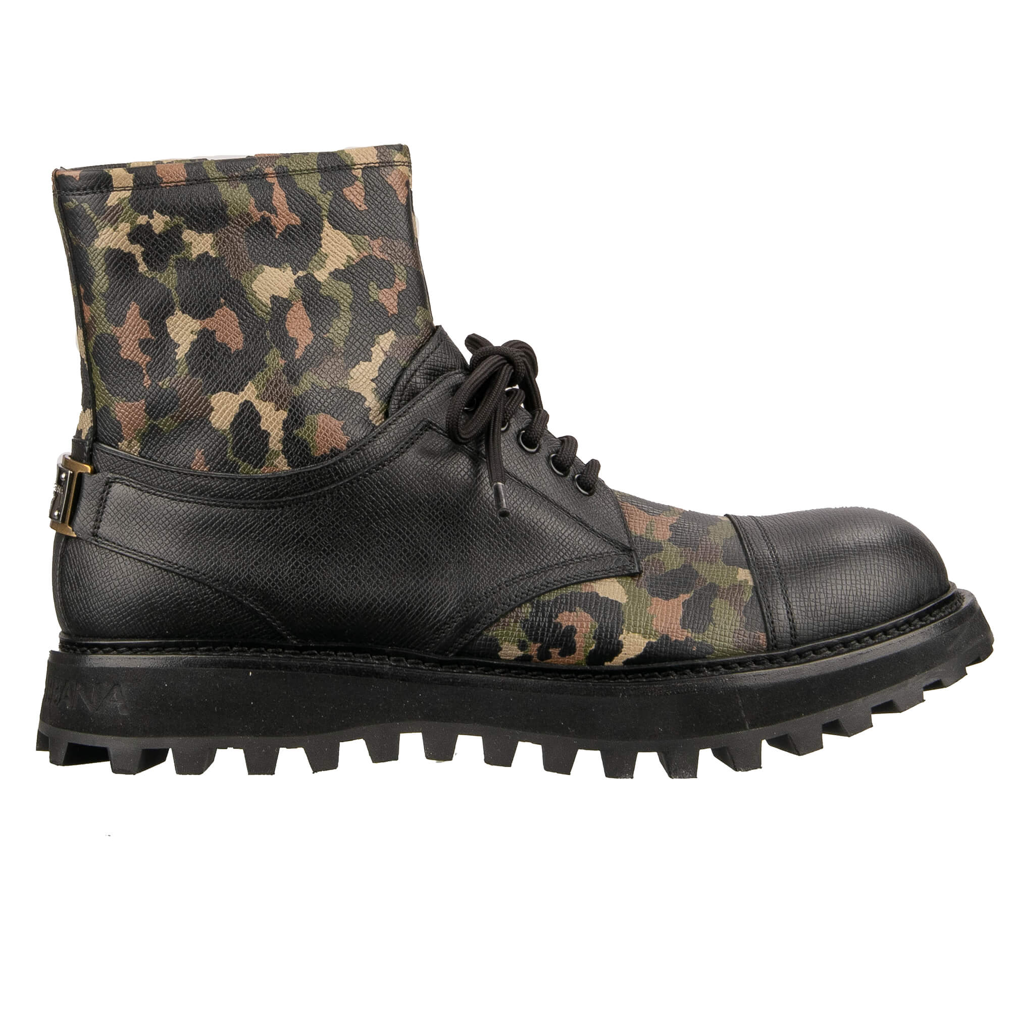 Dauphine Leder Combat Boots Stiefeletten BERNINI mit Logo Camouflage Schwarz 44 US 11