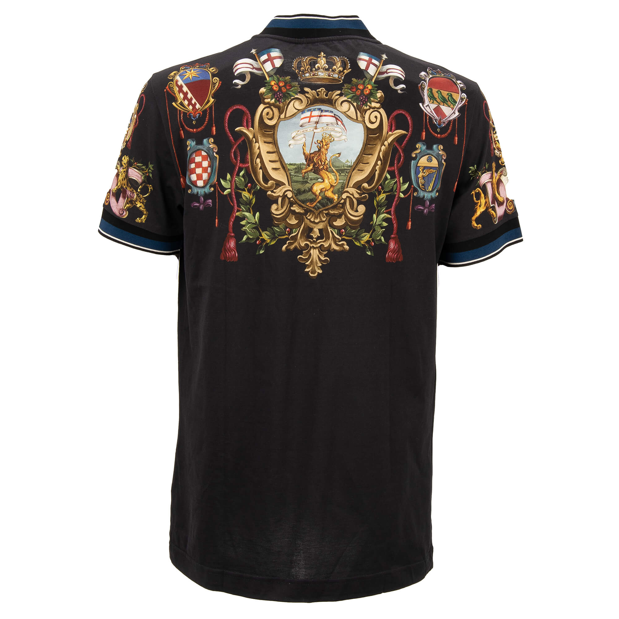 Baumwolle T-Shirt mit Royal Wappen Krone Löwe Print und gerippten Details in Schwarz von DOLCE & GABBANA