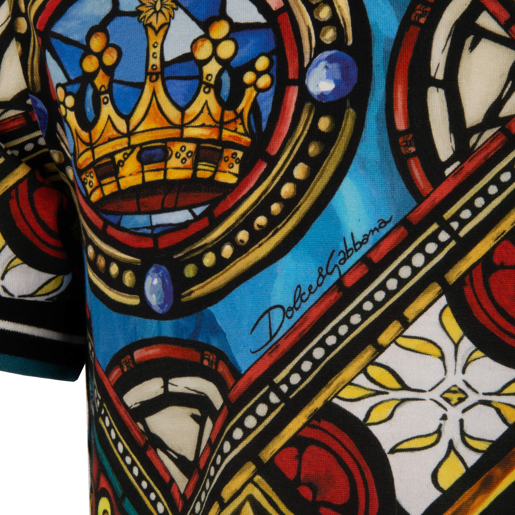 Baumwolle T-Shirt mit Vitragen Print und gerippten Elementen in Blau, Schwarz und Gold von DOLCE & GABBANA