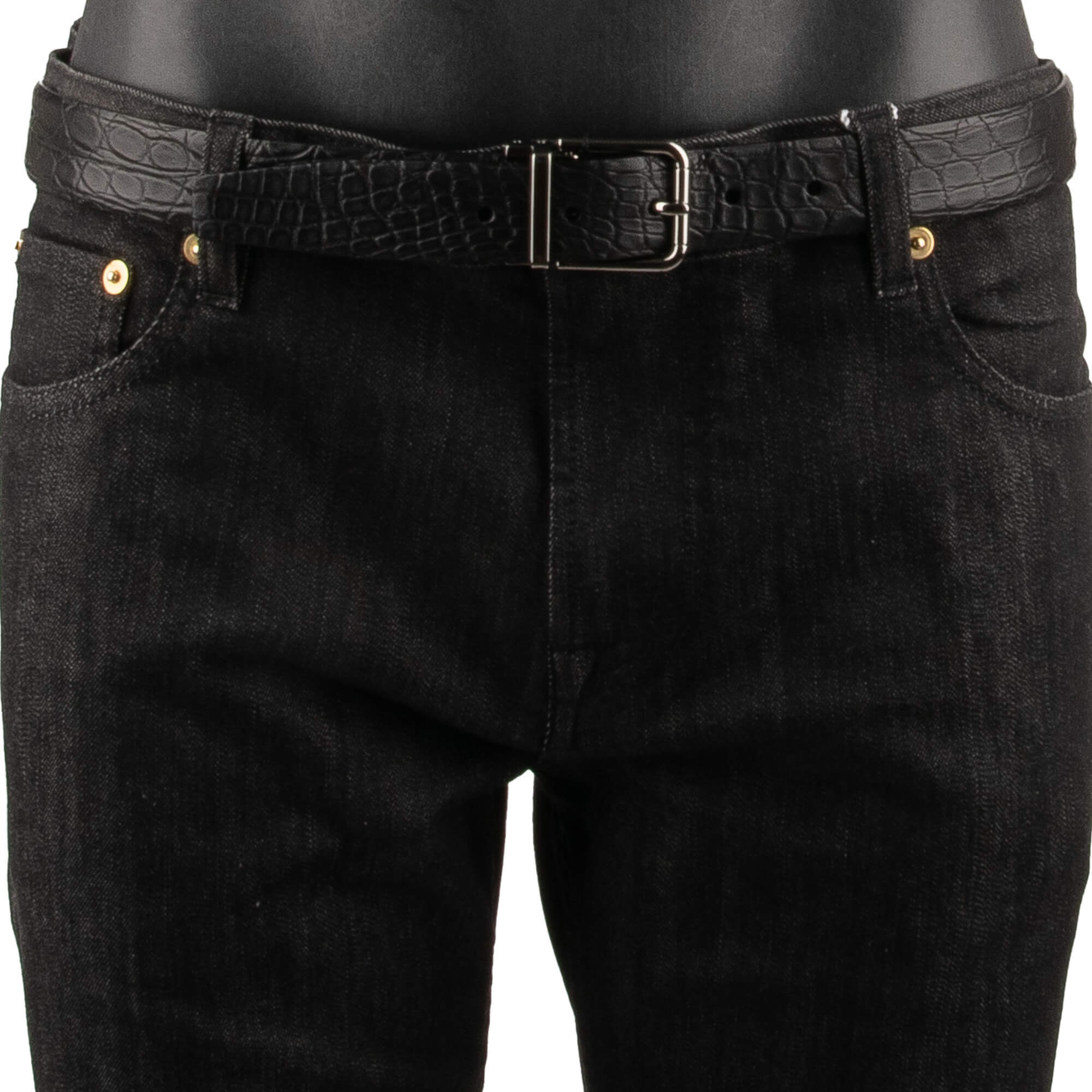 Classic crocodile leather belt with silver metal buckle in black by DOLCE & GABBANA