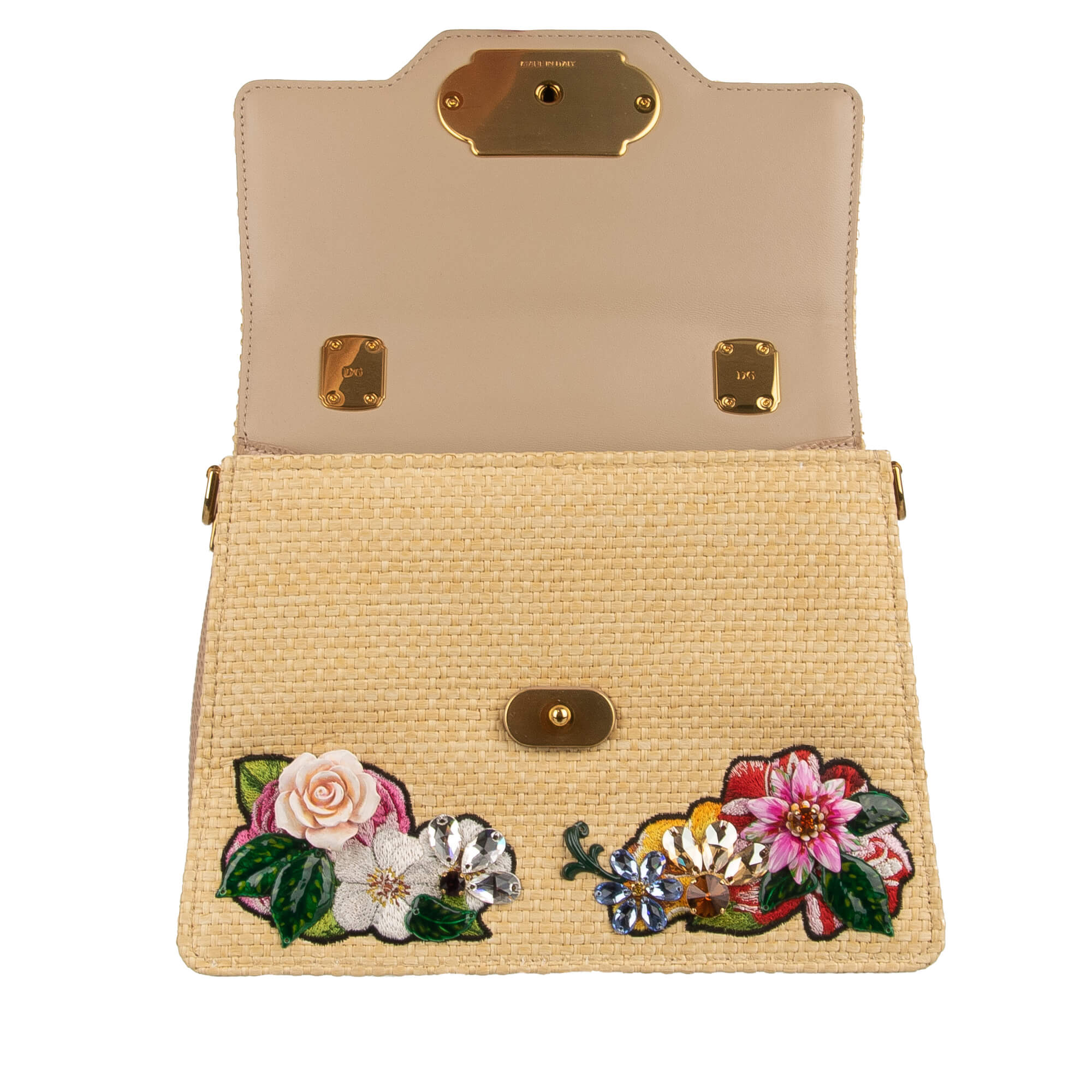 Handtasche / Schultertasche WELCOME Medium aus gewebter Raffia und Leder mit Iguana Textur mit Blumen Stickerei und Kristallen von DOLCE & GABBANA