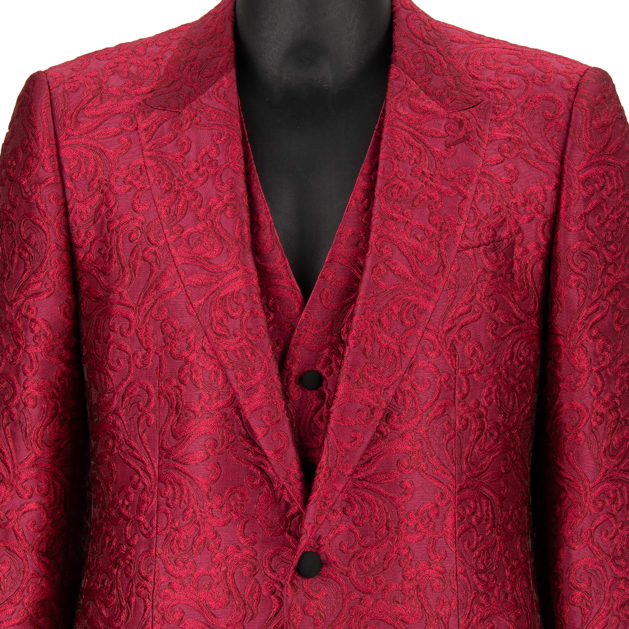 Baroque jacquard 3 piece suit, jacket, waistcoat, pants with peak lapel in pink by DOLCE & GABBANA 