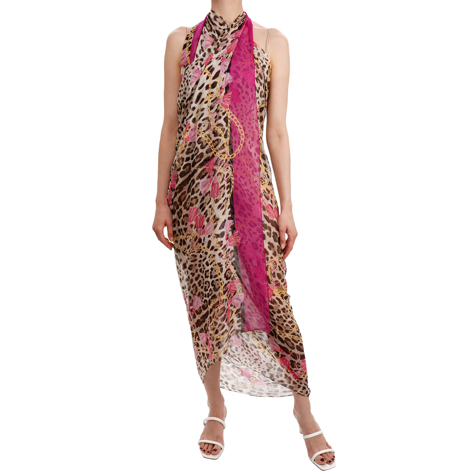 Leopard Kette Print Großer Seide Schal Foulard Braun Pink