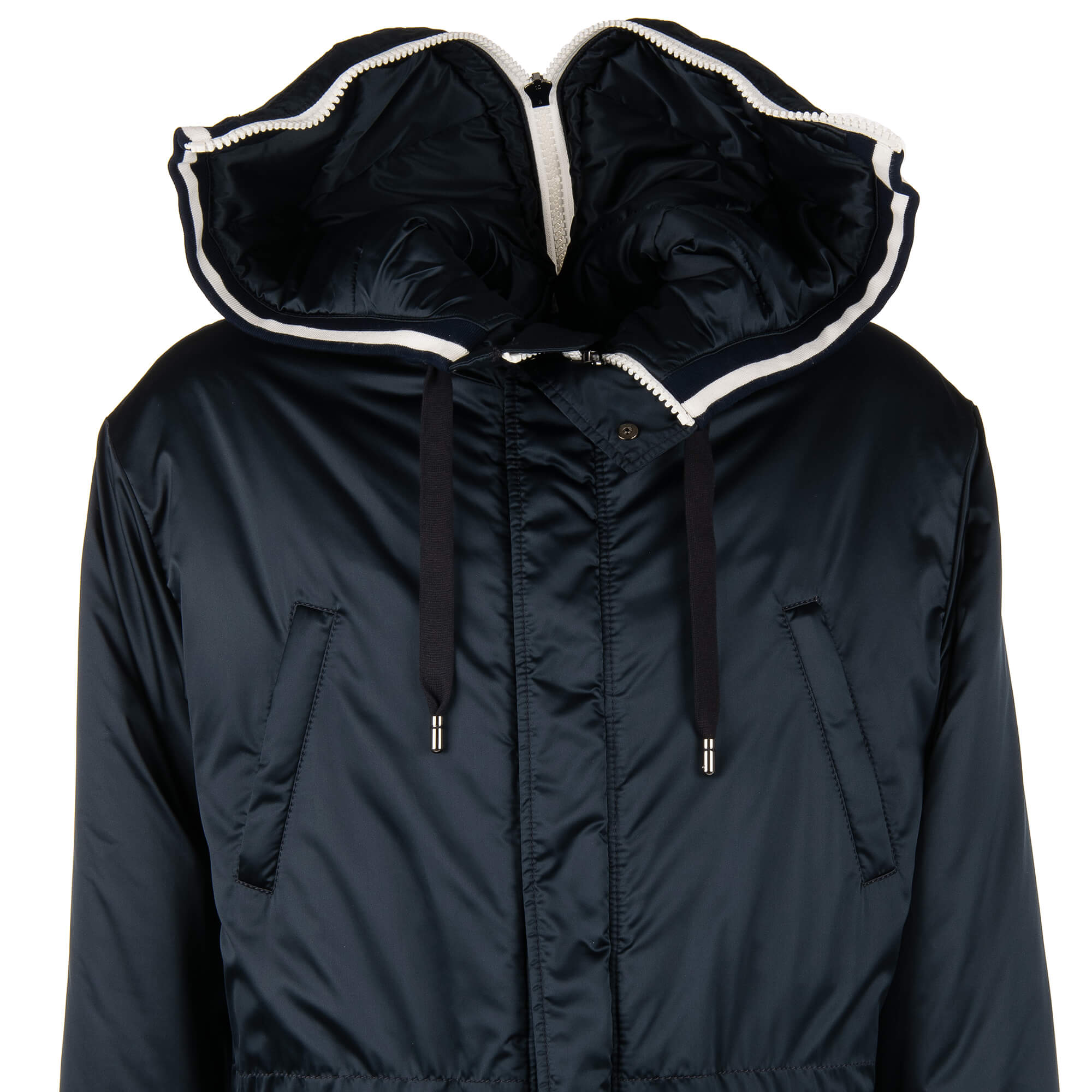 Lange, gefütterte Parka Jacke mit Kapuze, Außentachen, großem DG Logo und Krone Print am Rücken und Strick-Details von DOLCE & GABBANA