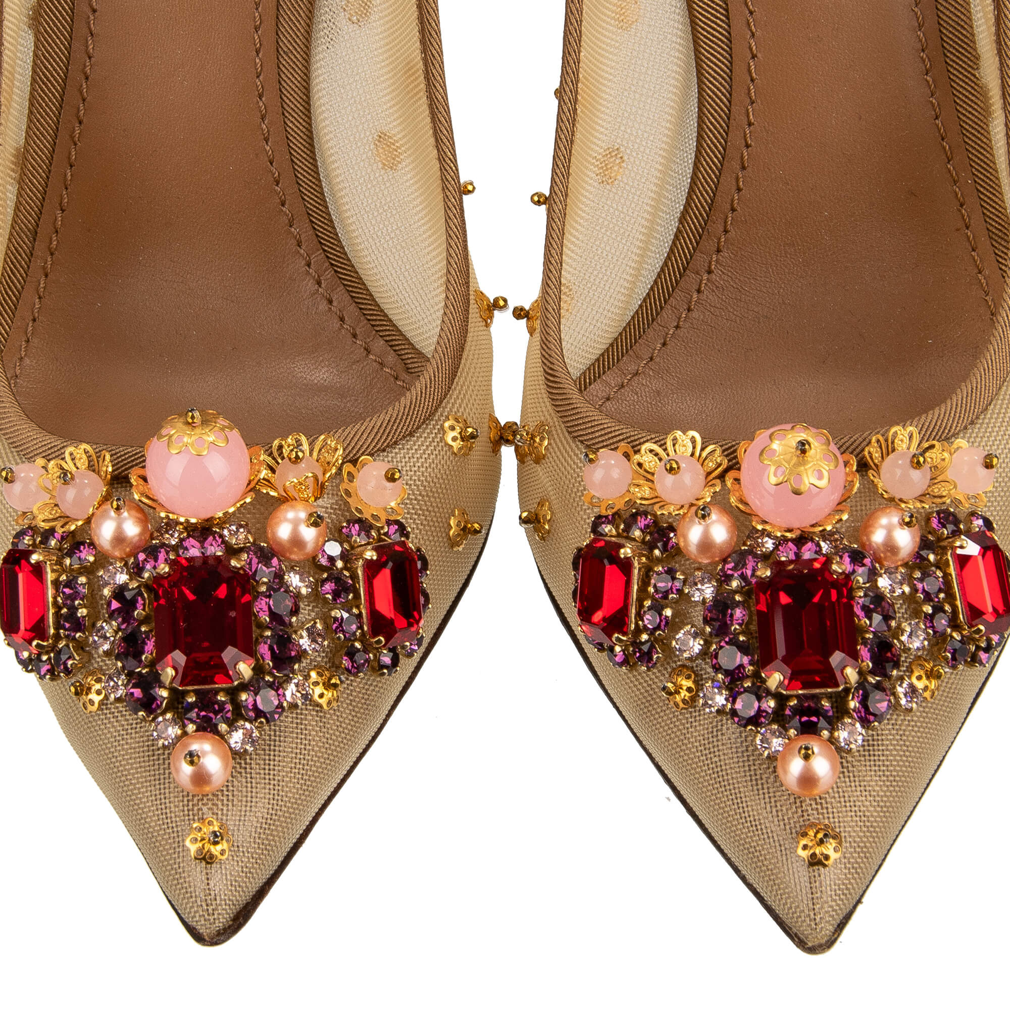 Pointed Plastic Lace Pumps LORI with scrystal and brass elements embroidery in beige, red, pink and gold by DOLCE & GABBANA
