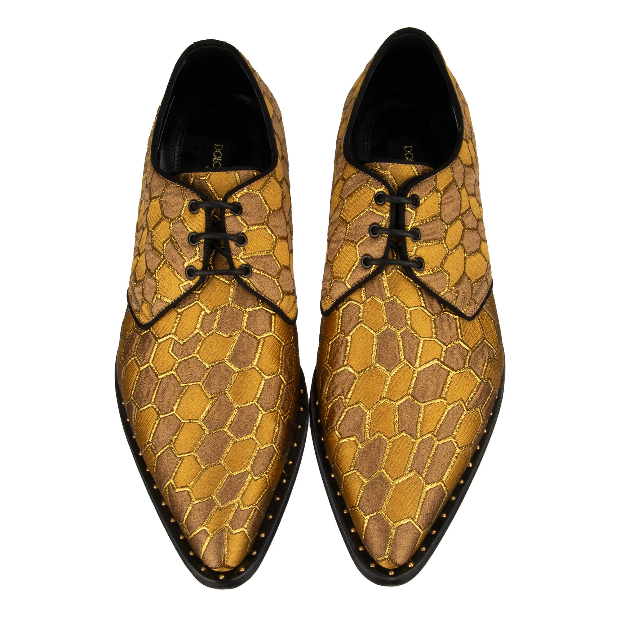Unique pointed leather Derby Shoes MILLENNIALS with animal print embellished and metal plate with DG logo at the heel in gold and black by DOLCE & GABBANA