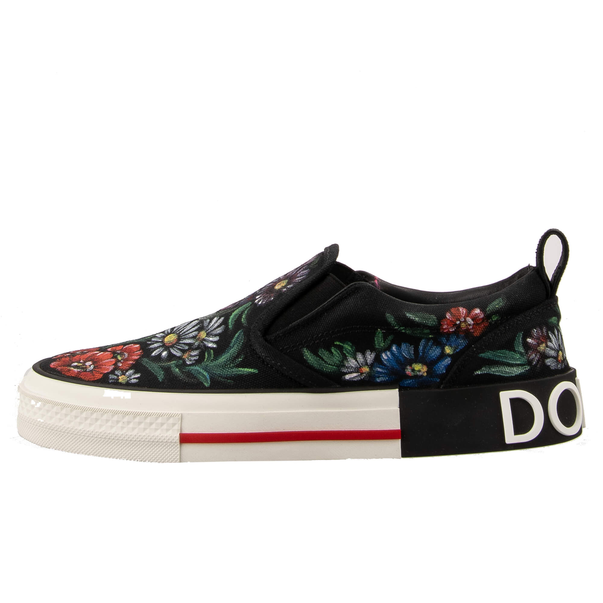 Handbemahlte Blumen Exklusive Damen Slip On Sneaker DONNA mit DG Logo in Schwarz und Weiß von DOLCE & GABBANA