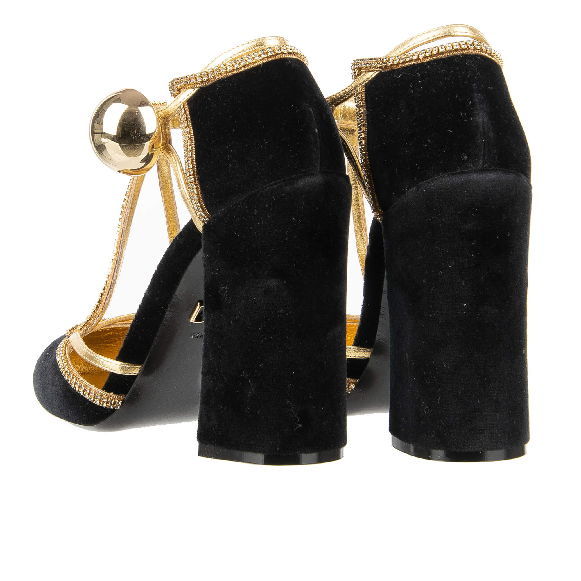 Mary Jane Pumps VALLY aus Samt in Schwarz mit elastischer Schnalle und Kristallen Riemchen aus Leder in Gold von DOLCE & GABBANA