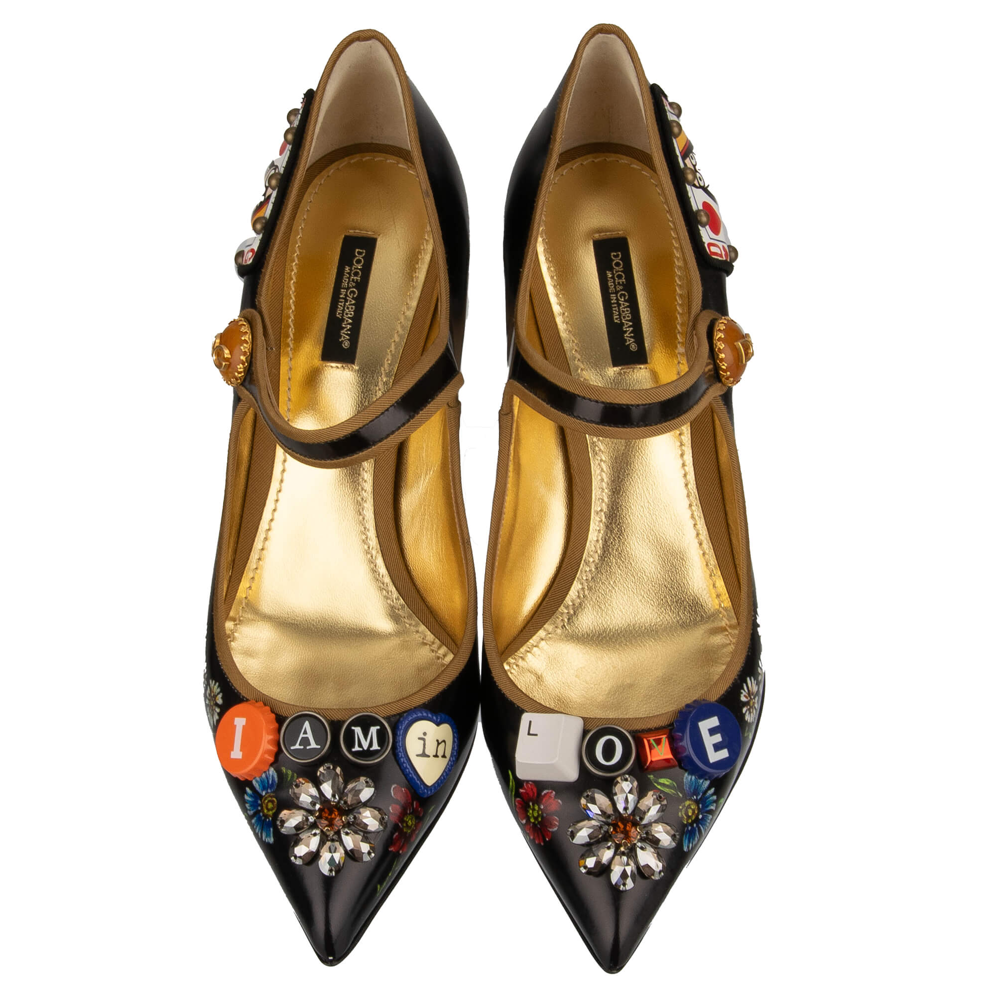 Leder Mary Jane Pumps mit I AM IN LOVE Brosche, Jacquard Absatz und Kristallen Blume von DOLCE & GABBANA