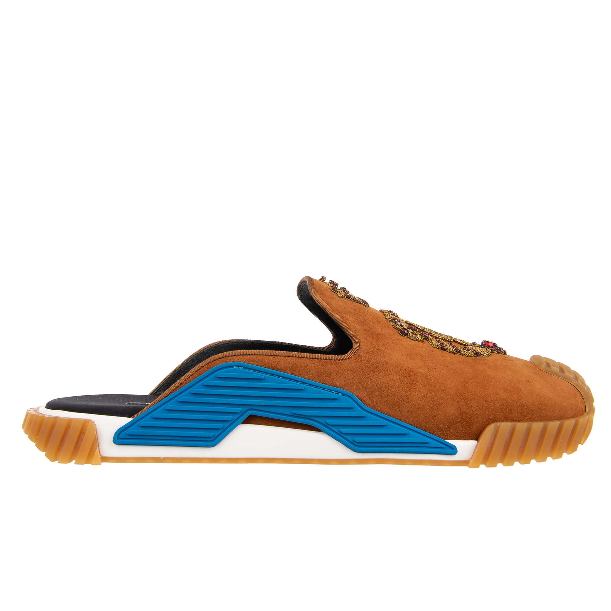 Sandal Style Suede Low-Top Sneaker NS1 with Crystal Crown DG logo Goldwork embroidery in brown by DOLCE & GABBANA