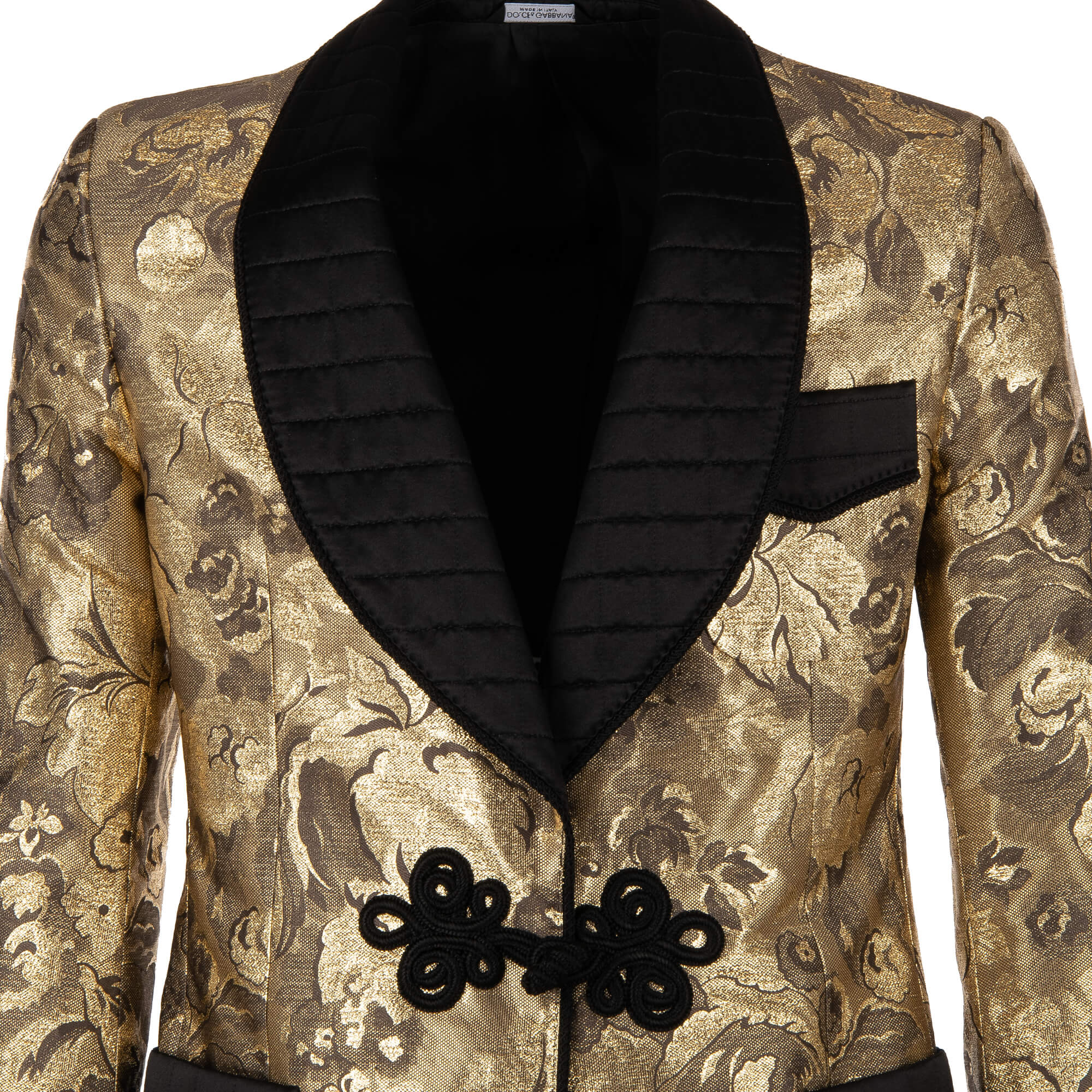 Floral Baroque Style lurex tuxedo / blazer in gold and black with rope fastening and contrast black quilted shawl lapel, cuffs and pockets by DOLCE & GABBANA