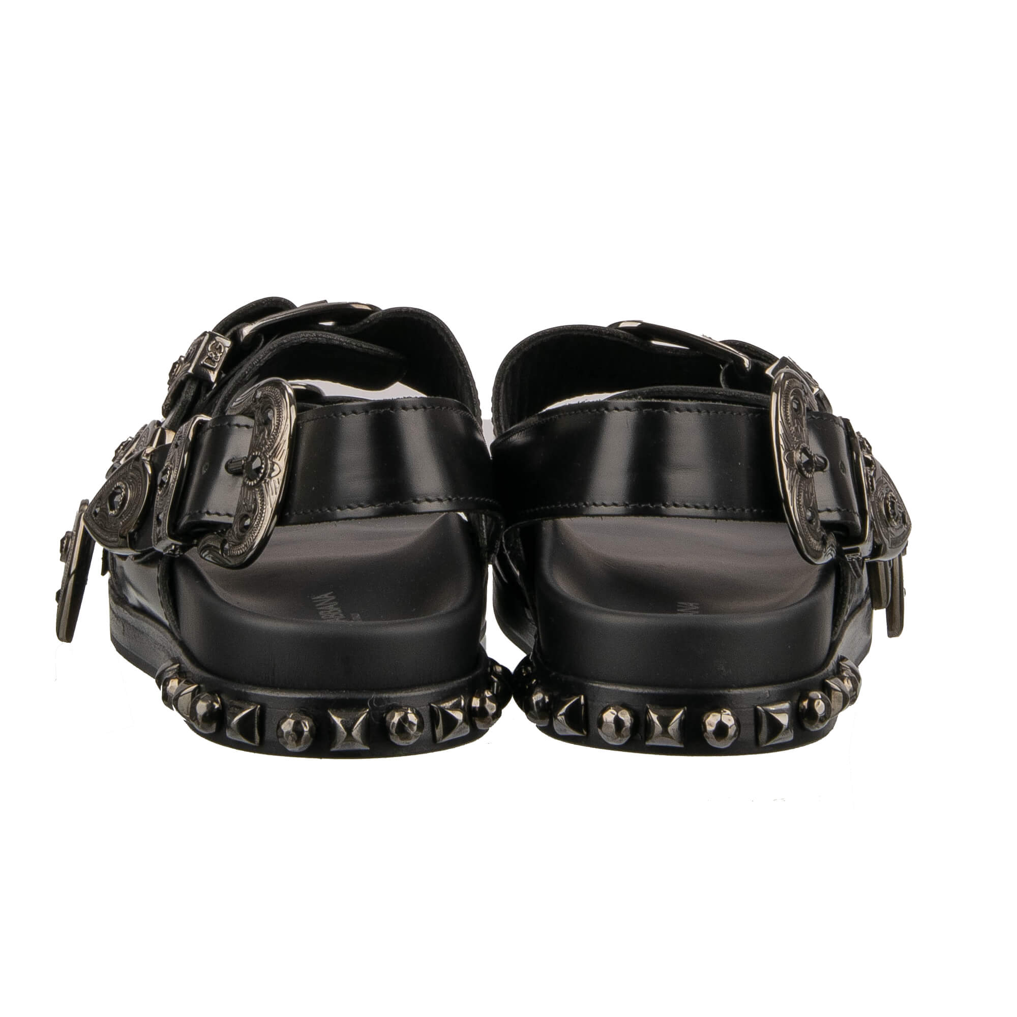 Studded leather Slides Sandals Shoes HAWAII with buckles embellished with crystals and DG logo in black by DOLCE & GABBANA 