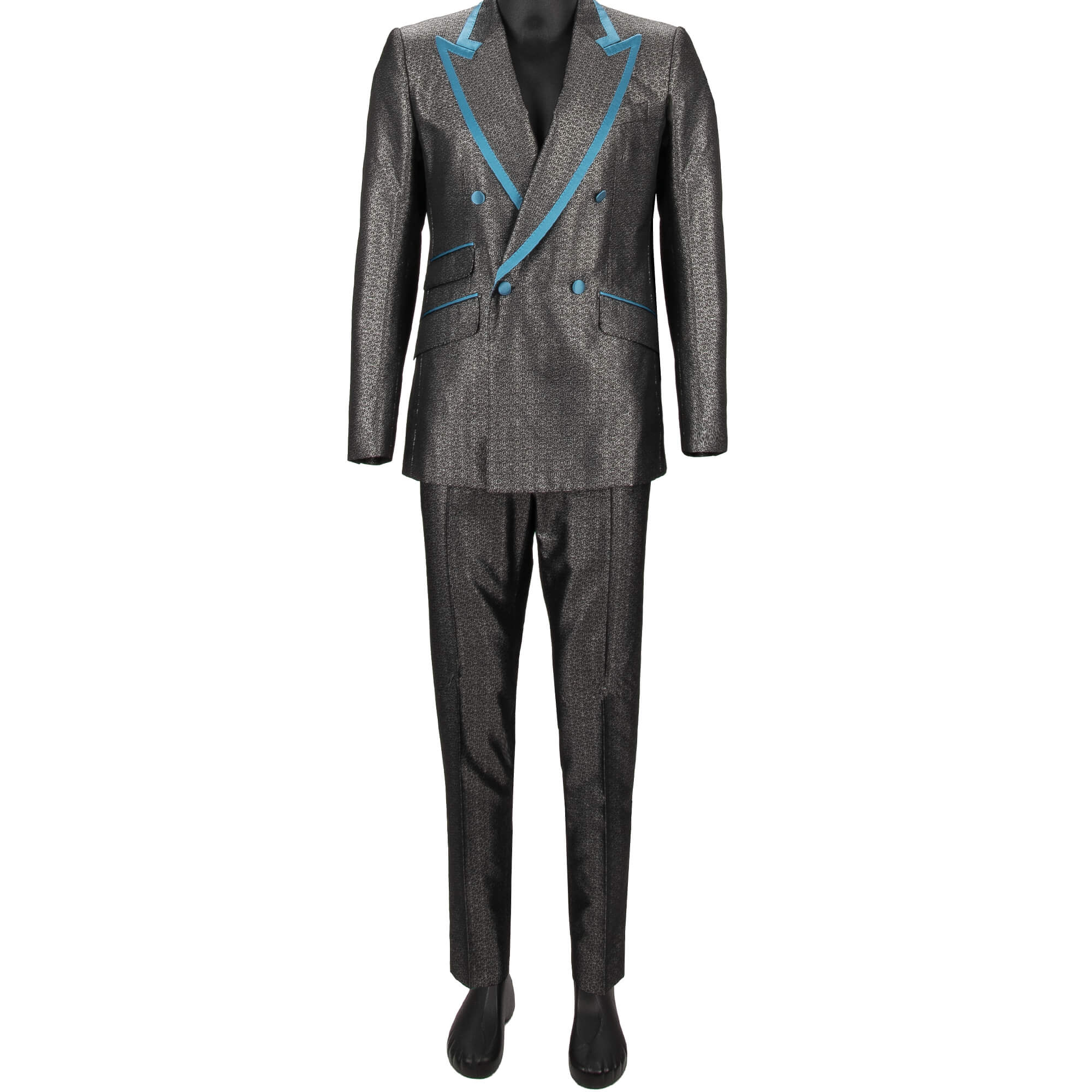 Metallic jacquard double-breasted suit with contrast peak lapel in silver, black and blue by DOLCE & GABBANA 