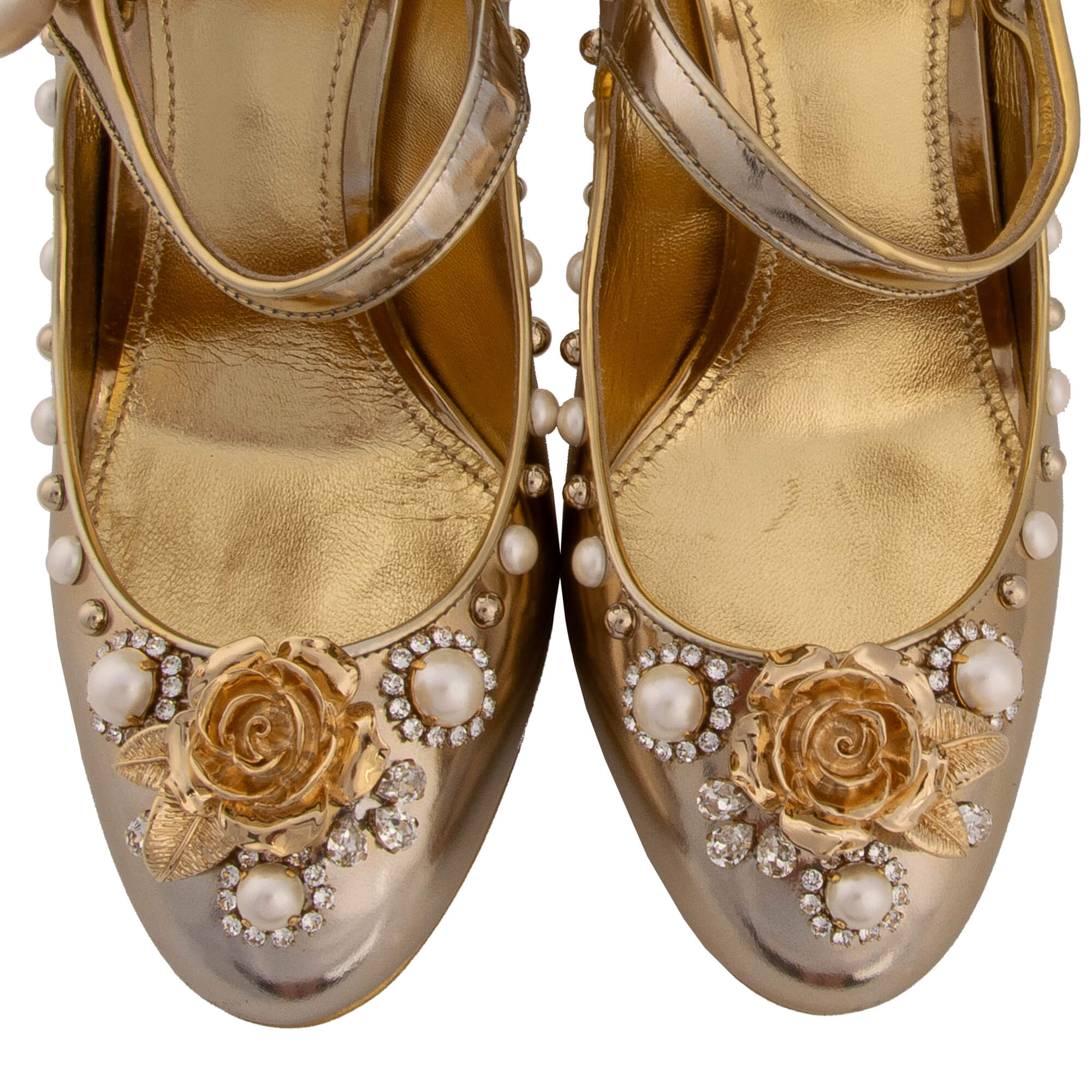 Patent leather Mary Jane Pumps VALLY with crystal pearls, elastic button closure and rose in gold by DOLCE & GABBANA