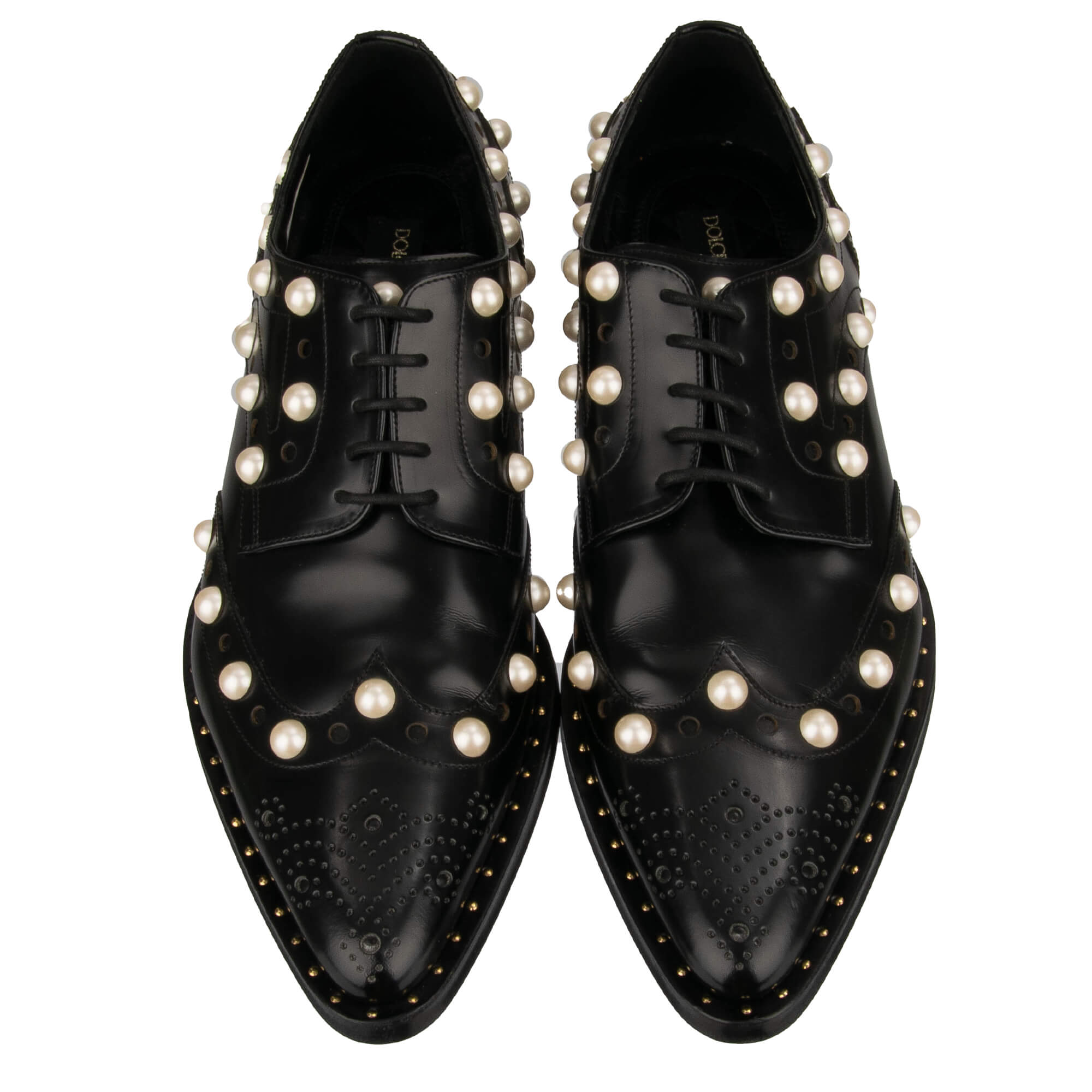 Derby Schuhe MILLENNIALS aus Leder mit Perlen und Absatz mit DG Metal Schild in Schwarz von DOLCE & GABBANA