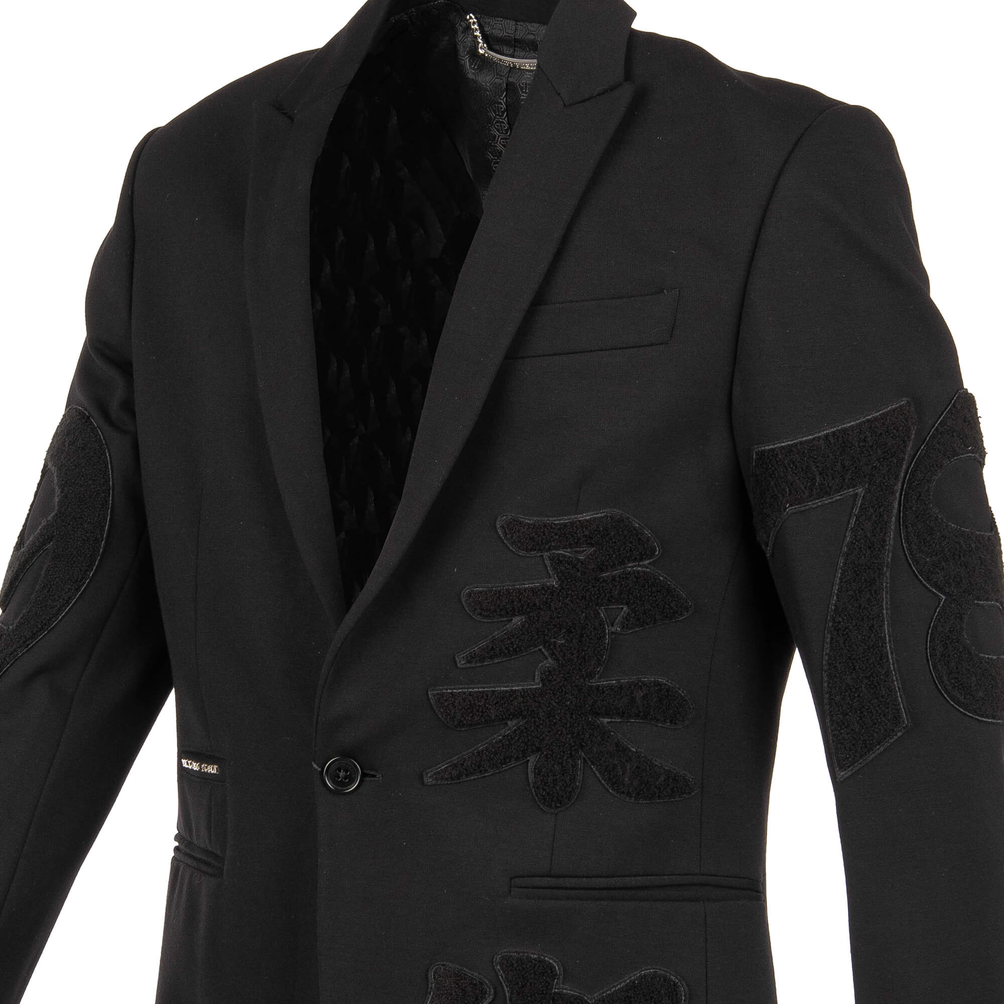 Blazer SPECIAL TWO with embroidered hieroglyphs, embroidered logo on leather at the back and logo in front by PHILIPP PLEIN