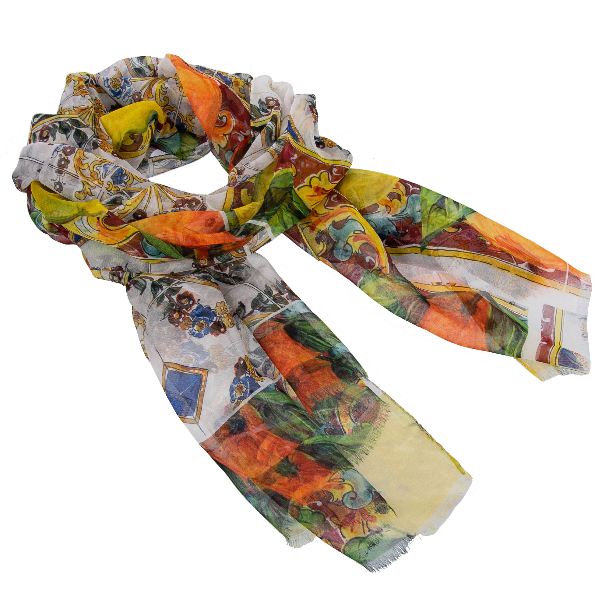 Majolika, Orangen und Zitronen bedrucktes Foulard / Schal aus Seide mit Fransen von DOLCE & GABBANA Black Label