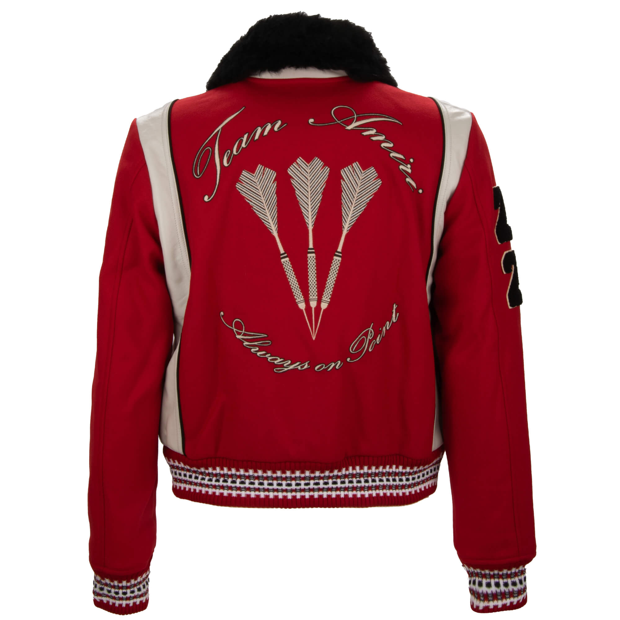 College Jacke ALWAYS ON POINT aus Wolle und Leder mit Logo, Stickerei, Patches, Taschen und abnehmbaren Pelzkragen von AMIRI