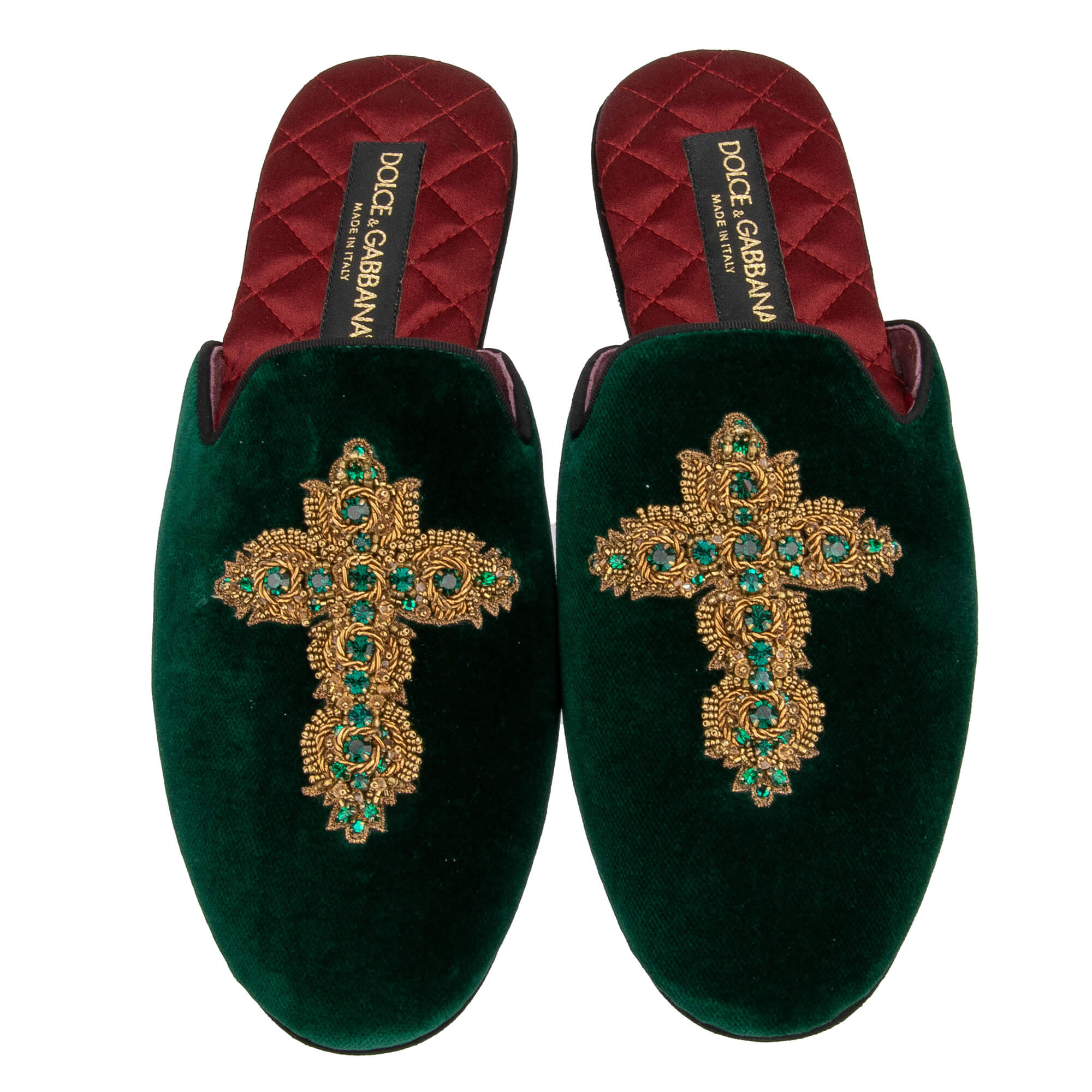 Crystal Gold Cross Shoes Slipper Mules BRAMANTE Emerald Green