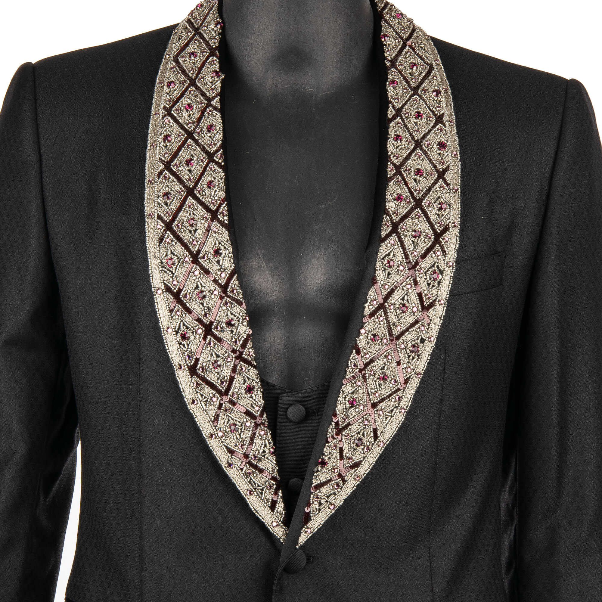 Wool an Silk Blend 3 piece suit with crystals, pearls and sequin embroidered shawl lapel in silver, purple and black by DOLCE & GABBANA