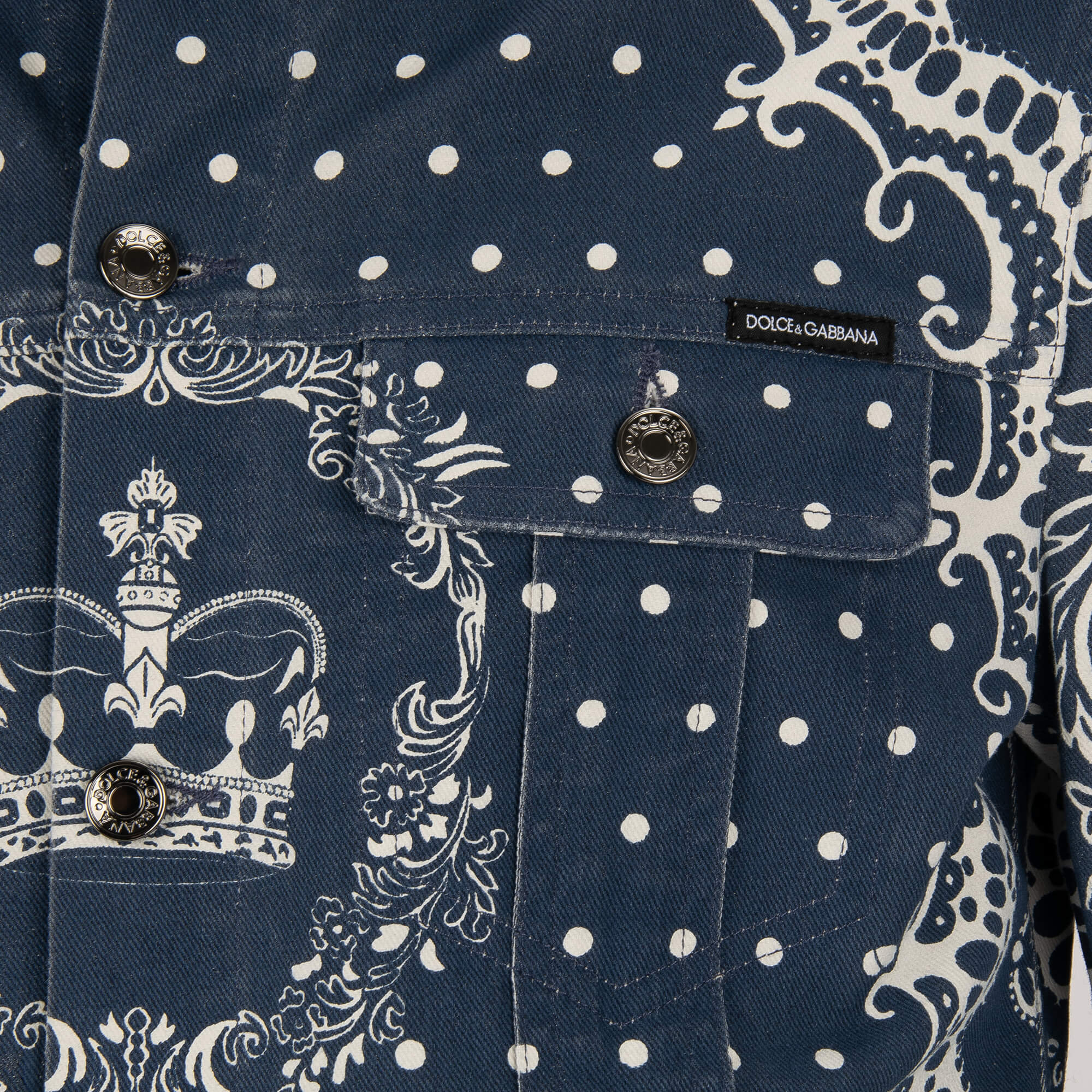 Bandana and crown printed denim / jeans jacket with pockets and logo plate by DOLCE & GABBANA