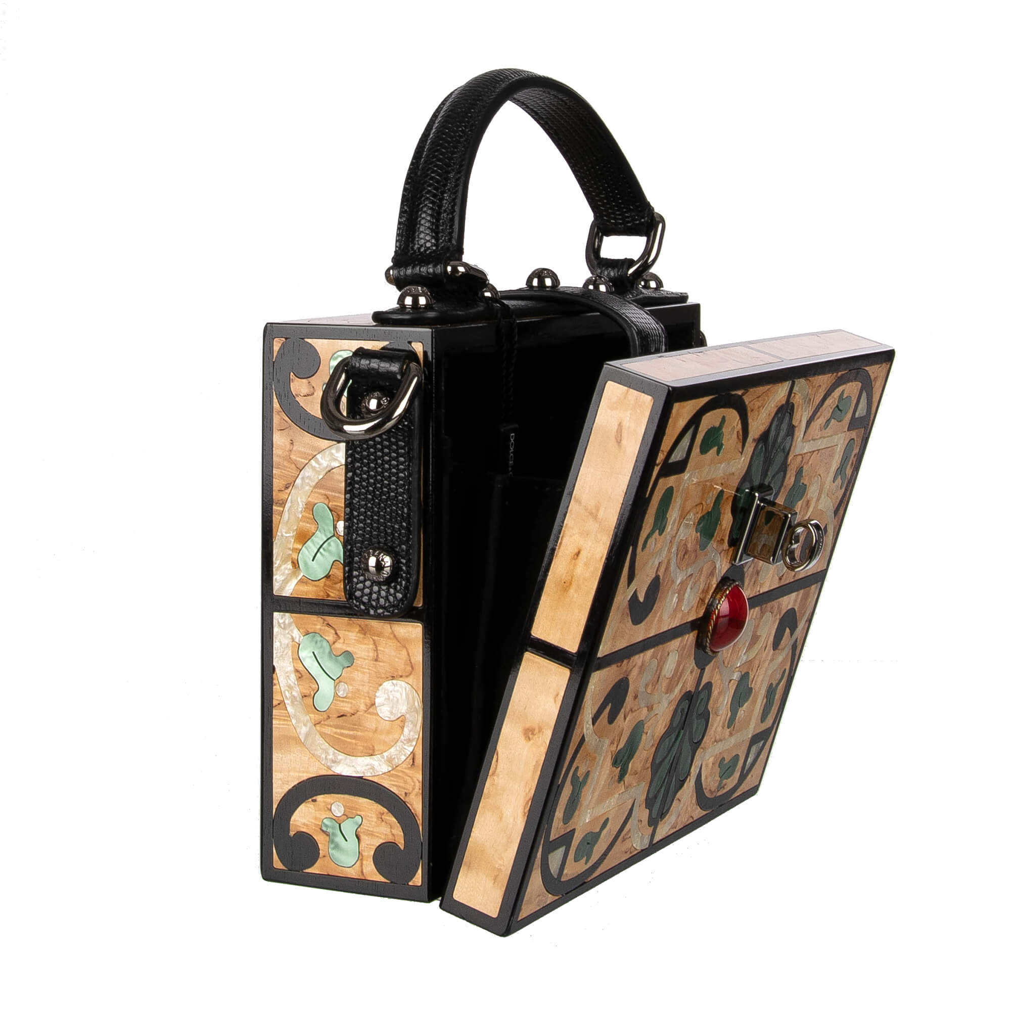 Einzigartige handgemachte und bemalte Tasche / Clutch / Schultertasche DOLCE BOX aus Holz mit dekorativem Schloss. großen Kristallen und Schulterriemen mit Eidechse Textur von DOLCE & GABBANA