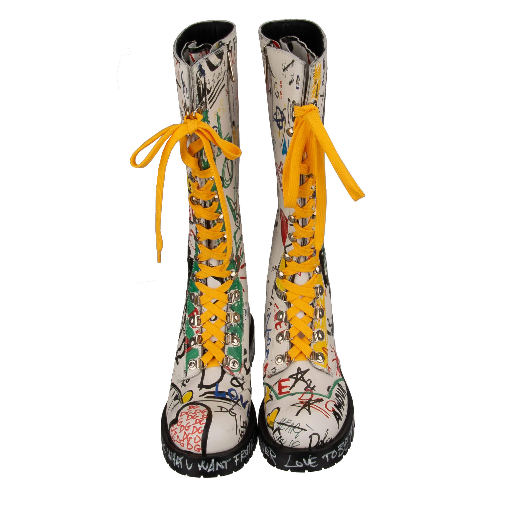 Women Leather BERNINI Boots with DG logo Graffiti print and hand-painted elements in white by DOLCE & GABBANA