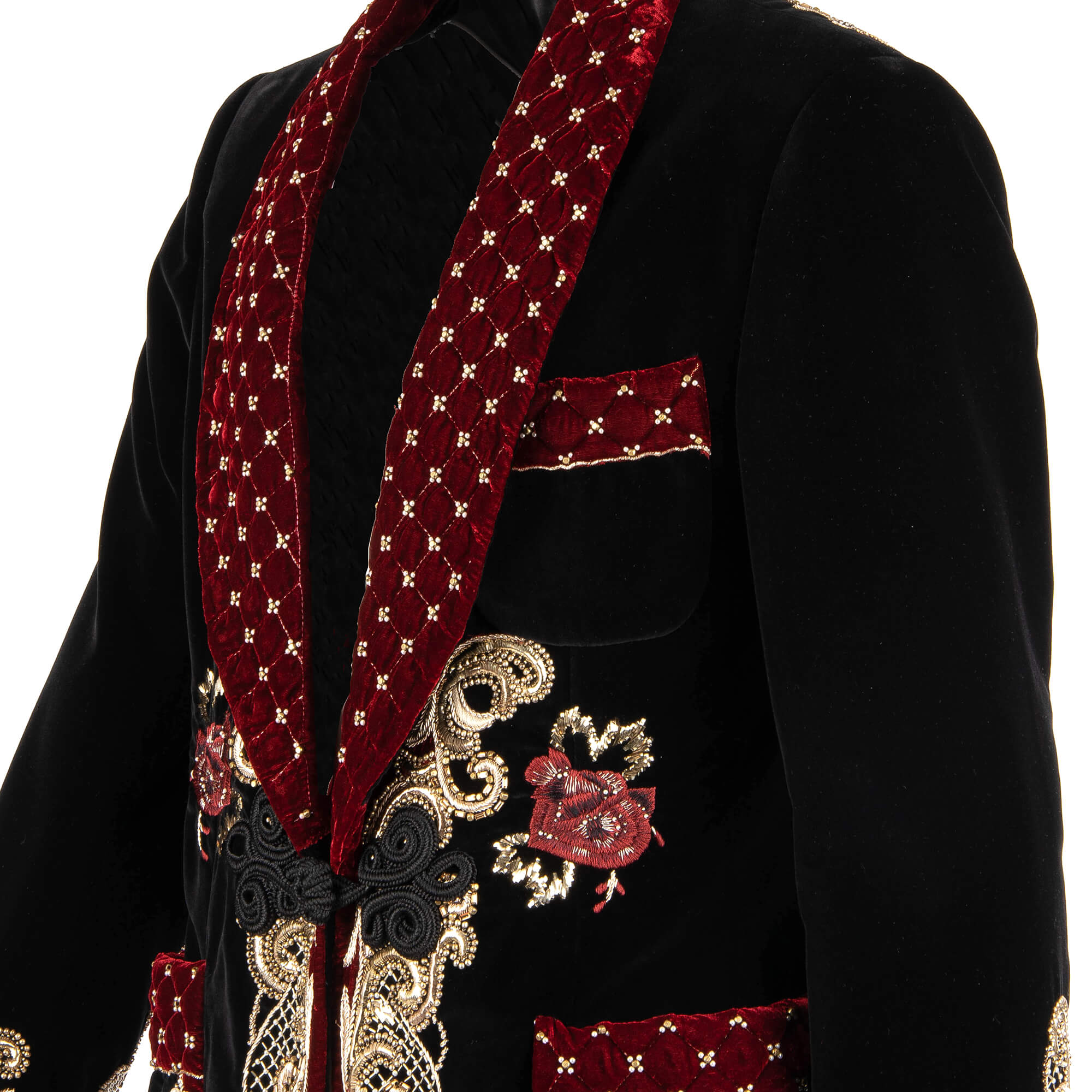 Stunning Baroque Style velvet tuxedo / blazer with handmade golden seam and pearls all-over embroidery, rope fastening studded shawl lapel and pockets by DOLCE & GABBANA