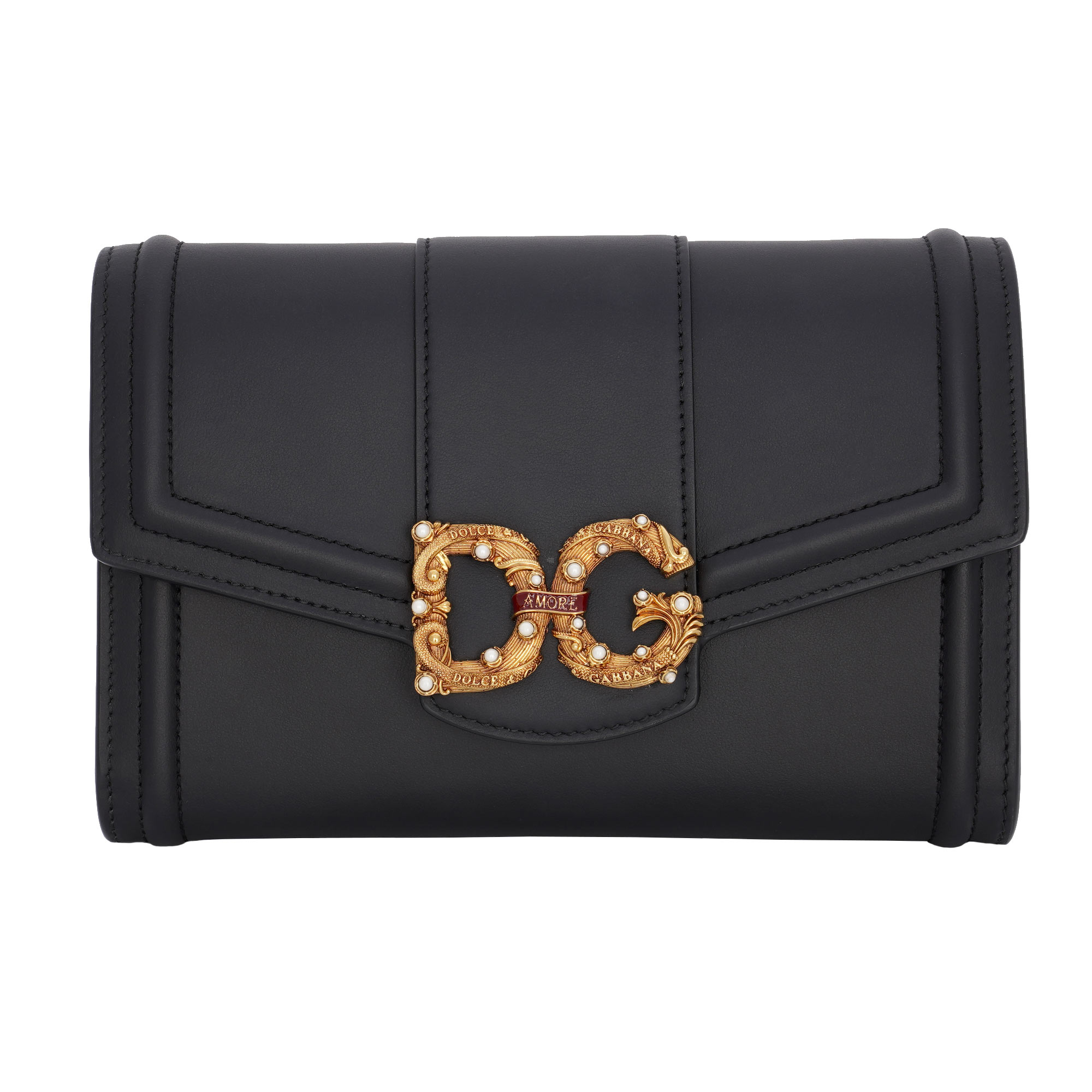Crossbody Bag / Clutch / Wallet DG AMORE made of calf leather with DG vintage brass fastening embellished with pearls and enameled scroll and with structured metal chain strap by DOLCE & GABBANA