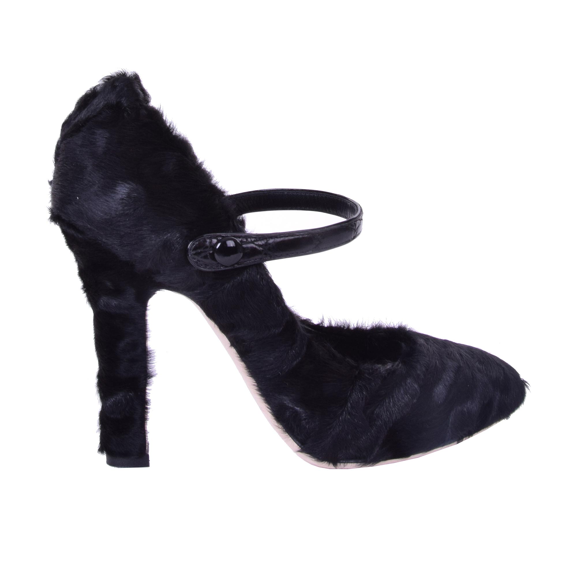 Fur Leather Mary Jane Pumps Heels Black 38 8