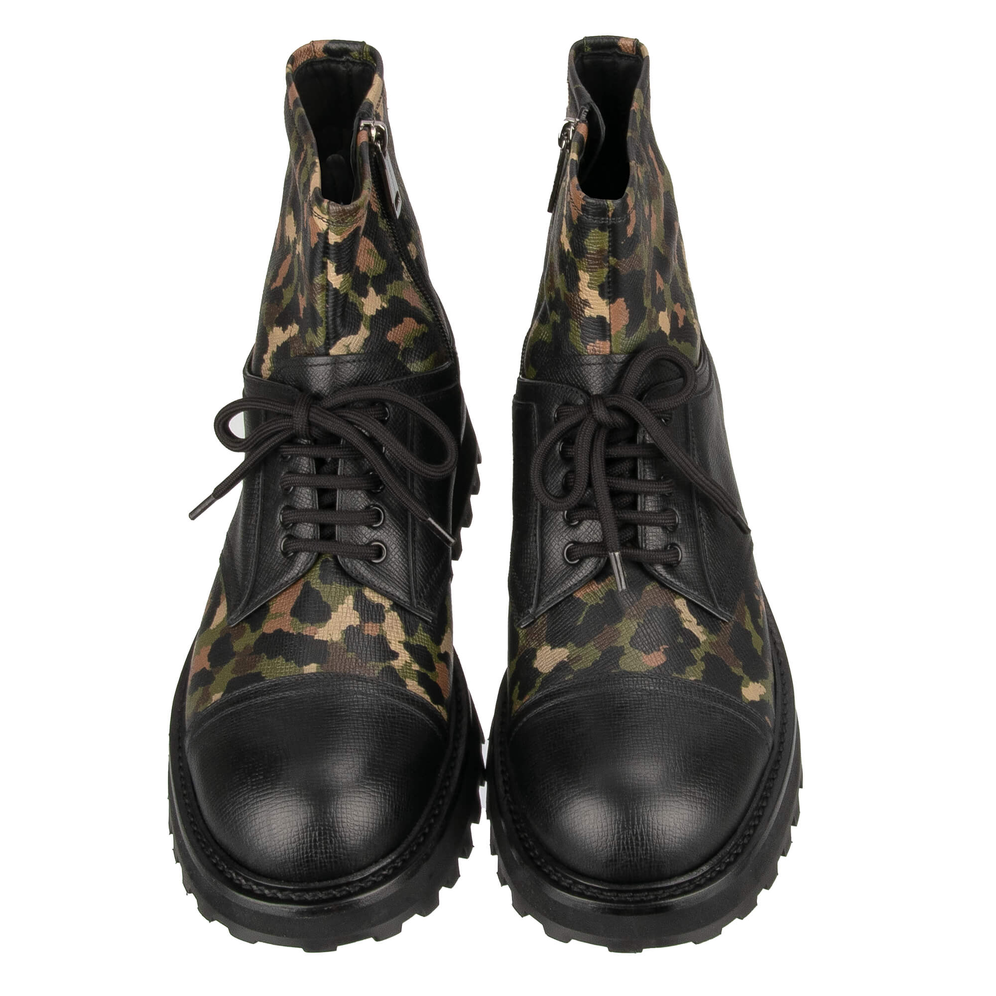 Combat Stiefeletten BERNINI aus Dauphine Leder mit Logo Schild in Camouflage und Schwarz von DOLCE & GABBANA