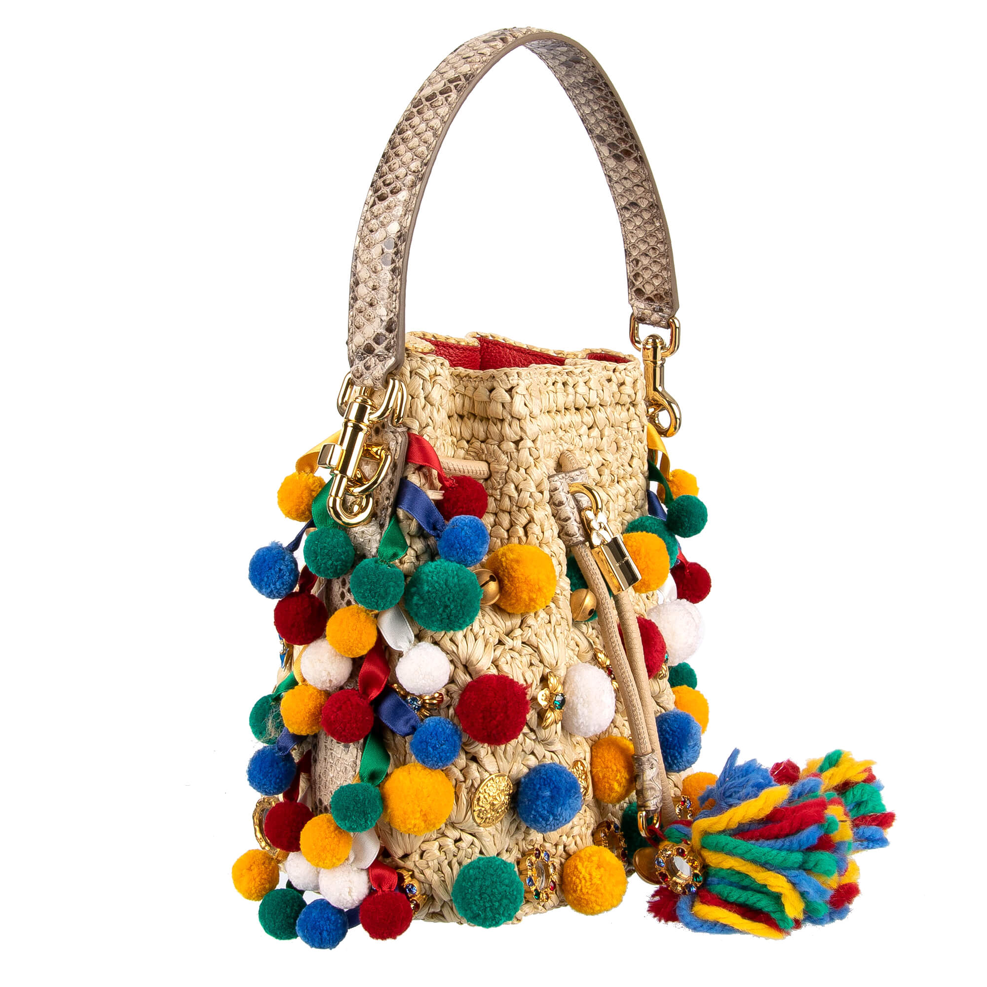 Beutel Hobo Tasche / Schultertasche CLAUDIA im Sizilianischem Stil aus Stroh und Schlangenleder mit Bommeln, Sing Song Glocken und Kristallen von DOLCE & GABBANA