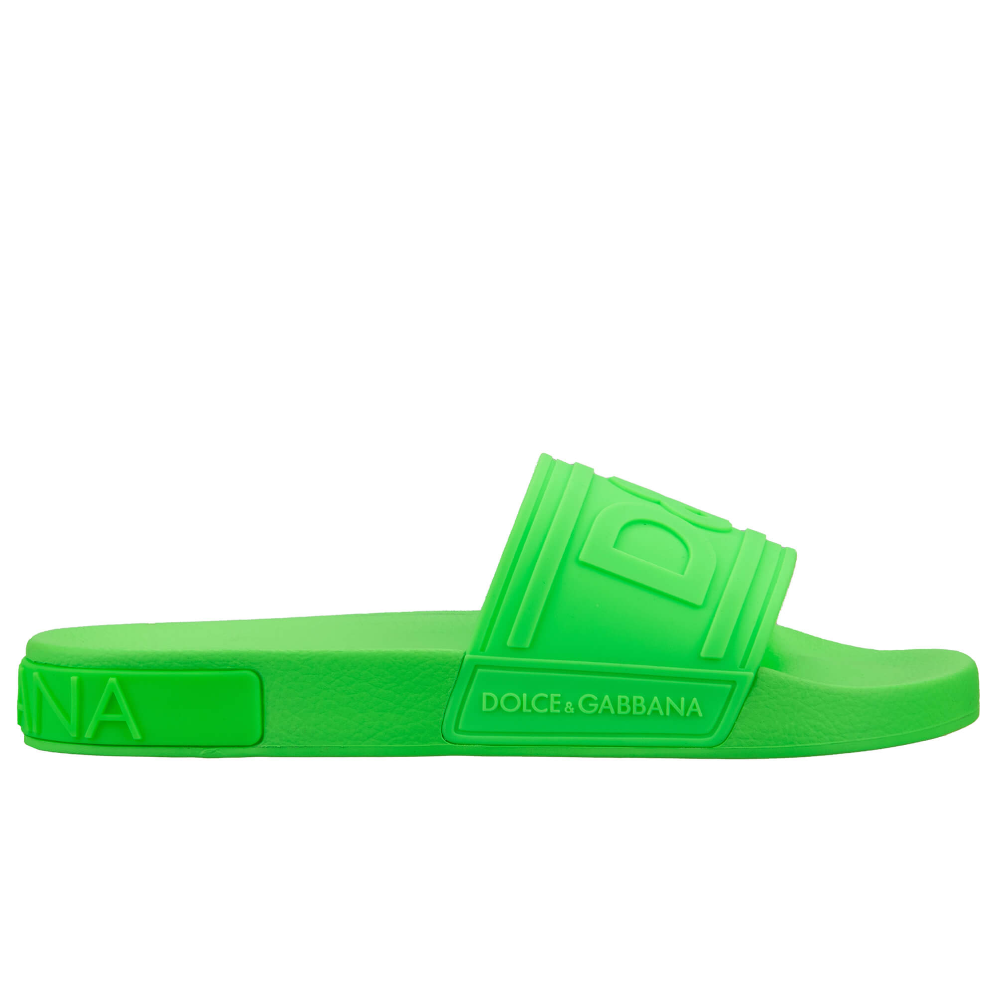 Slides Sandals with a D&G Front Logo and large Logo insert at the sole in neon green by DOLCE & GABBANA 