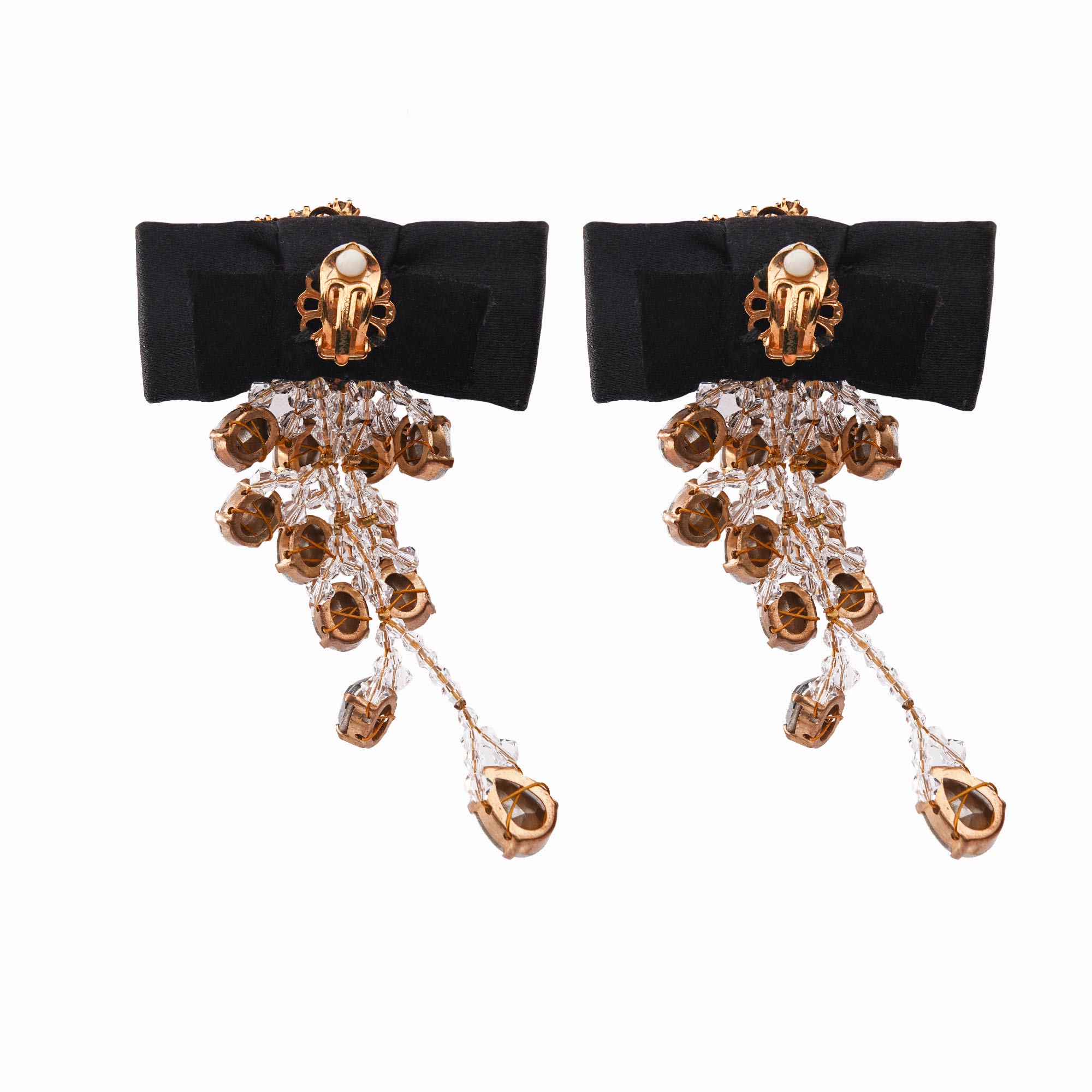 Chandelier Clip Earrings adorned with silk bows, filigree elements and crystals in black and gold by DOLCE & GABBANA