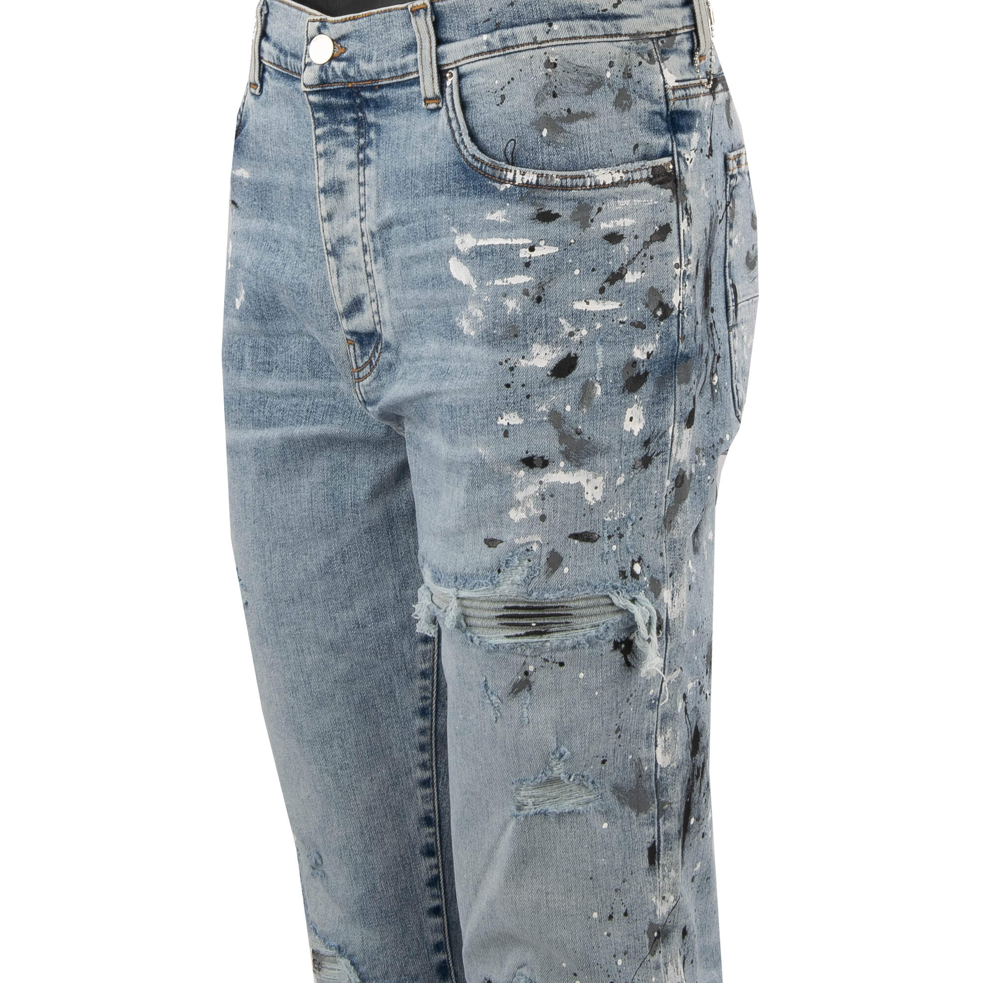 5-pockets Skinny Distressed Stretch Painter MX1 Jeans in Vintage Blue with unique color splashes and elastic inserts by AMIRI