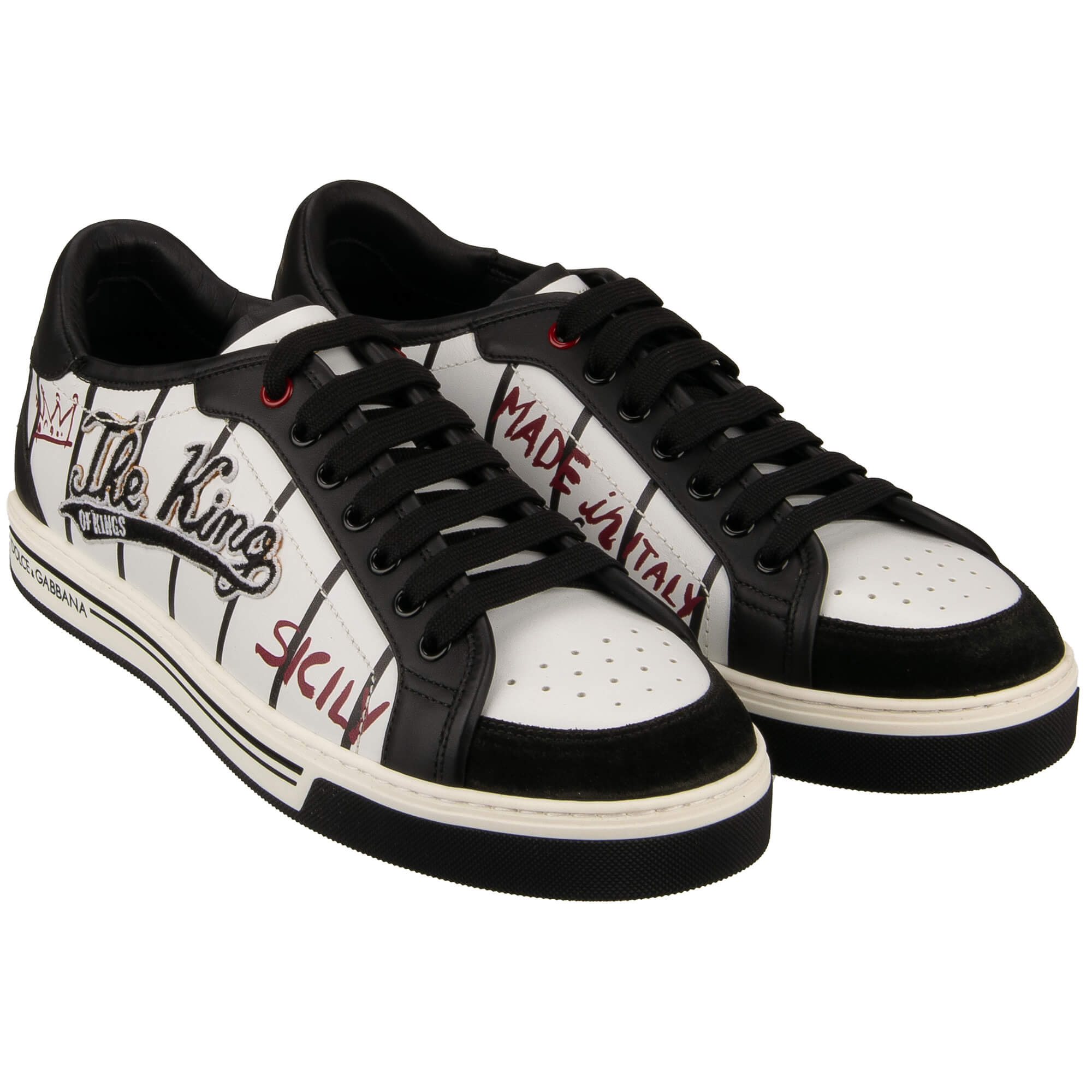 Low-Top Sneaker ROMA with The King farbic patchesand striped print in black and white by DOLCE & GABBANA