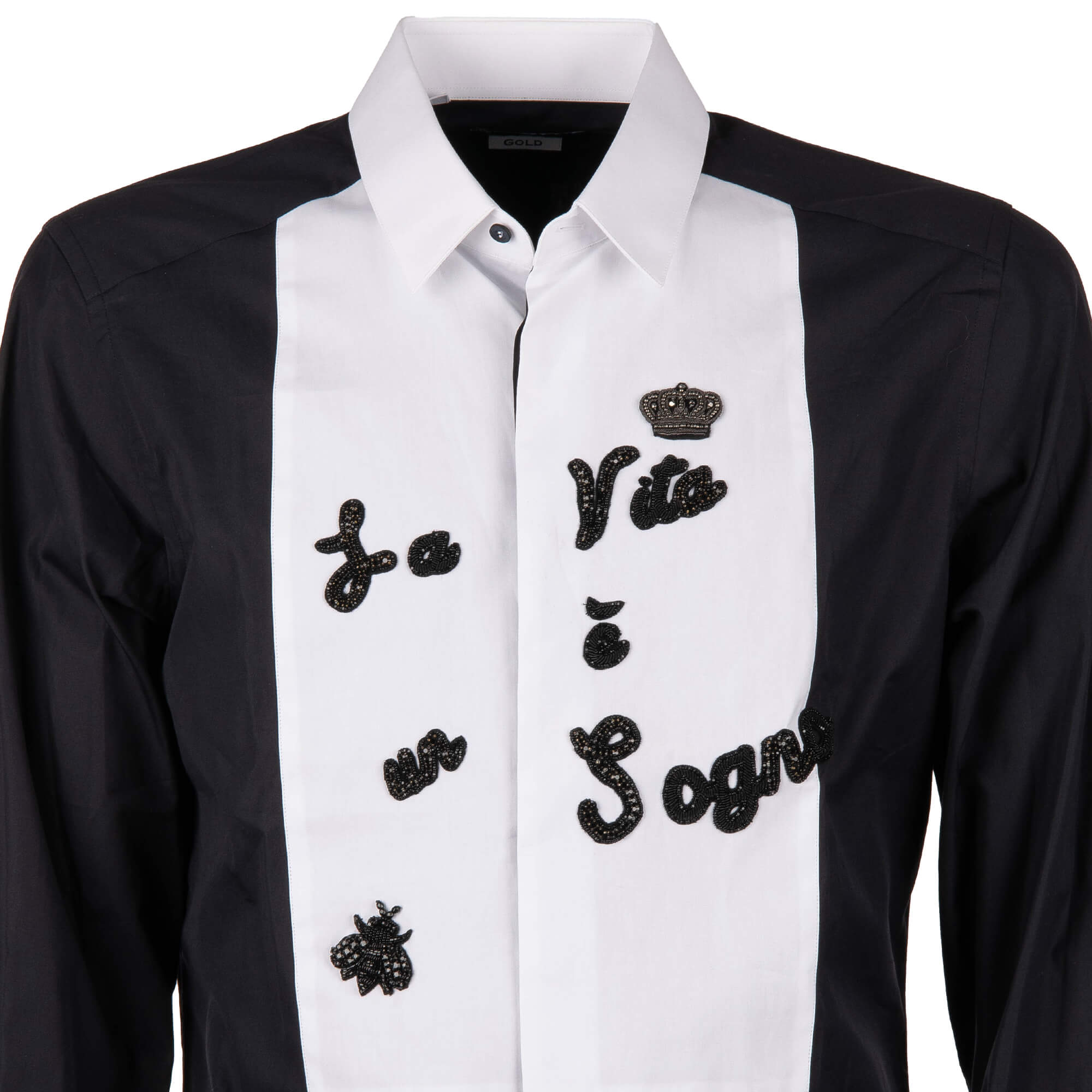 Baumwolle Hemd mit versteckter Knopfleiste und Krone, Biene und "La Vita Sogno" Schriftzug Stickerei mit Kristallen von DOLCE & GABBANA - GOLD Line