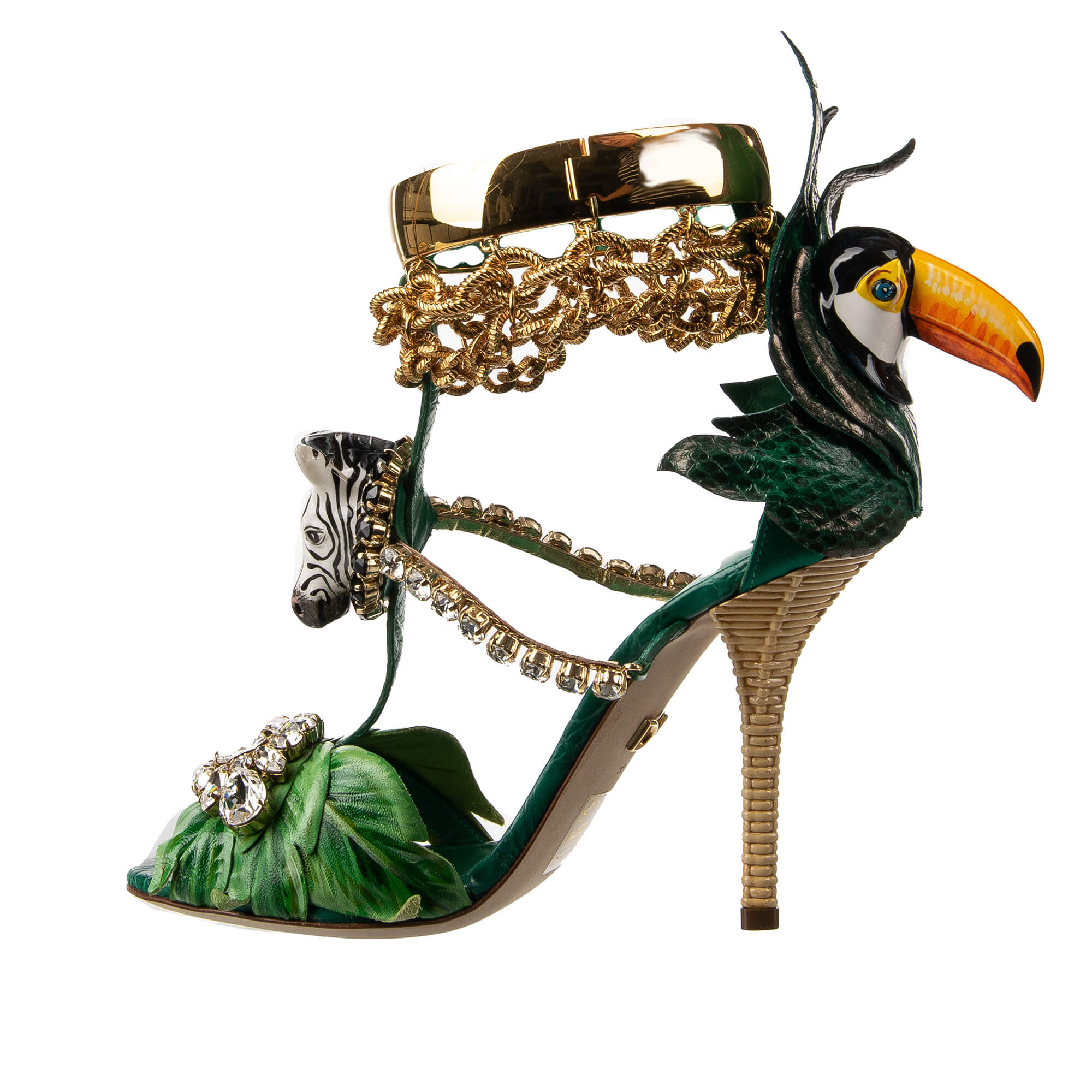 Tropische Pumps Sandalen KEIRA mit Hand bemahlten Elementen, Vogel, Zebra und Kristallen Ketten Riemchen in gold und grün von DOLCE & GABBANA
