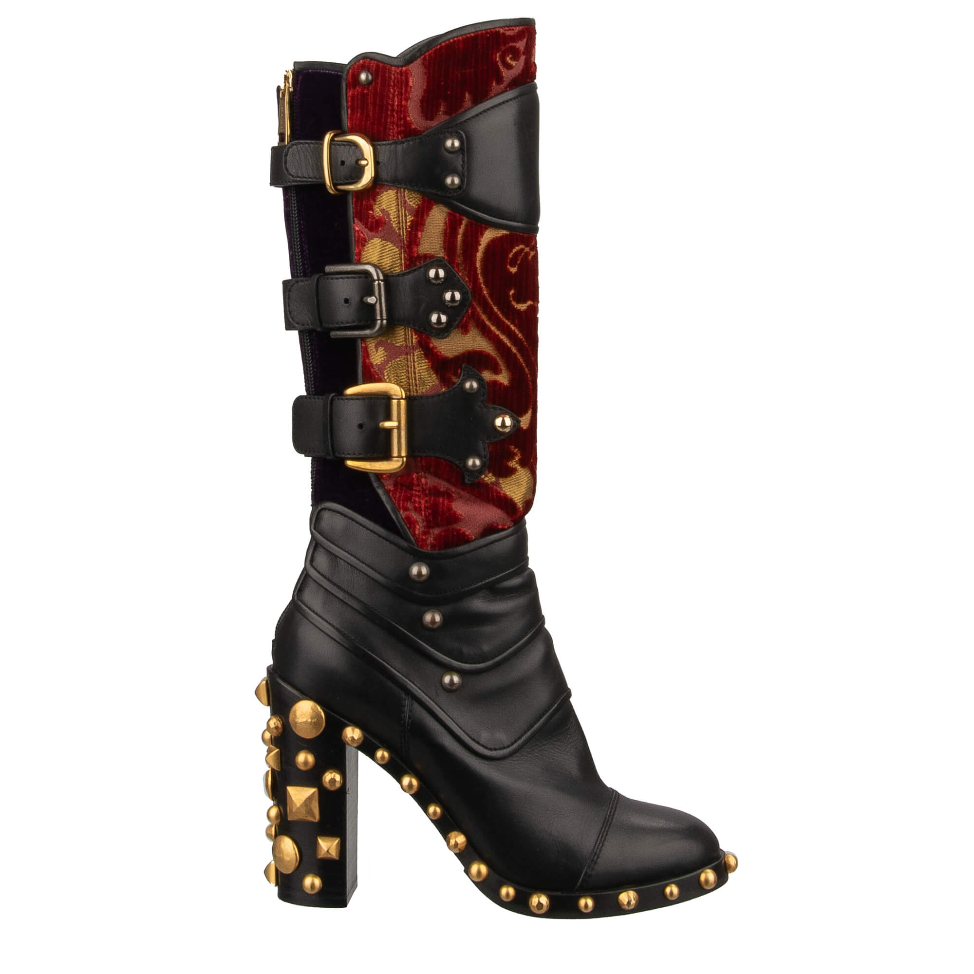 Barock Jacquard Samt Leder Perlen Stiefel BIKER Schwarz 39 US 9