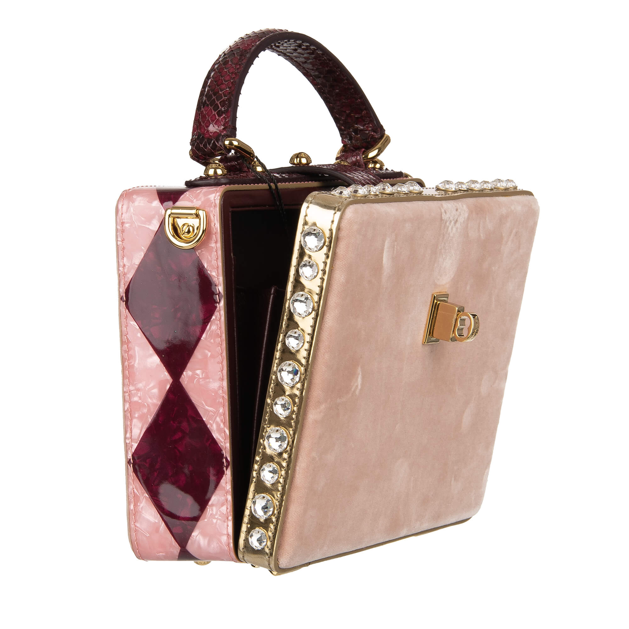 Unique handmade velvet and snakeskin clutch / shoulder bag DOLCE BOX with crystals and decorative padlock by DOLCE & GABBANA