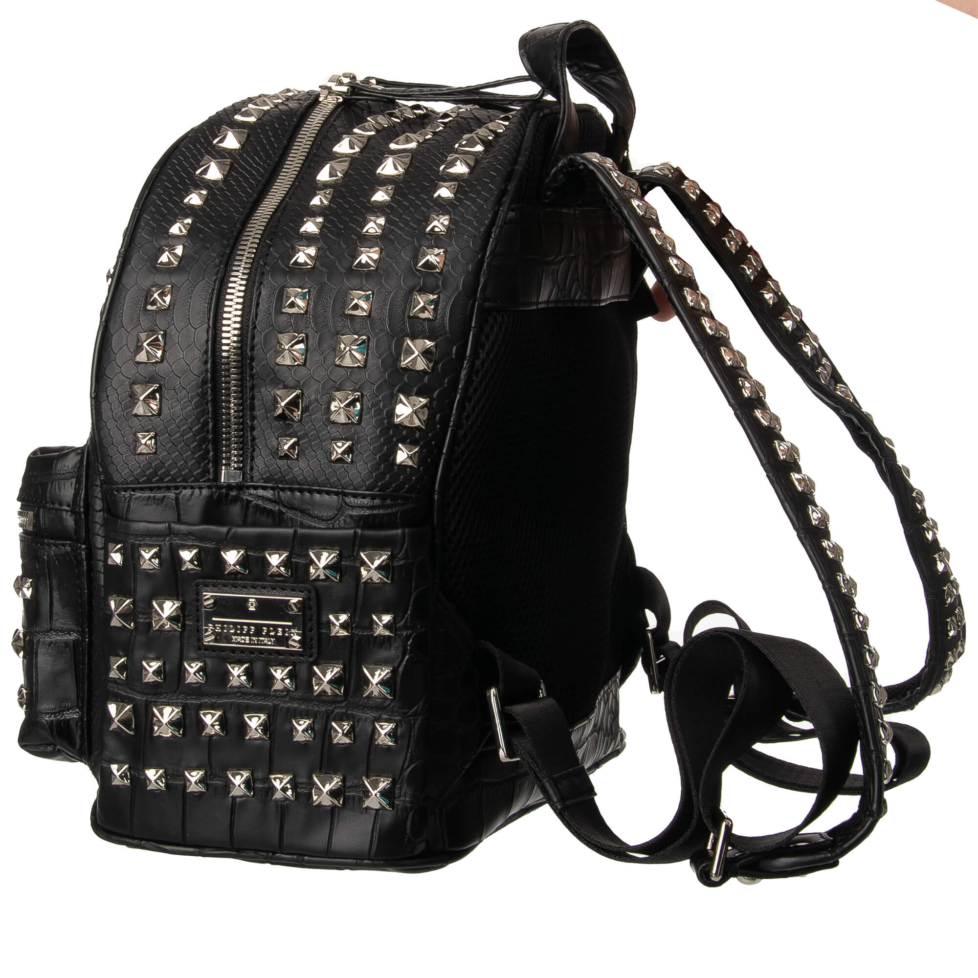 Studded PVC Backpack NOW with snake texture and logo plates by PHILIPP PLEIN