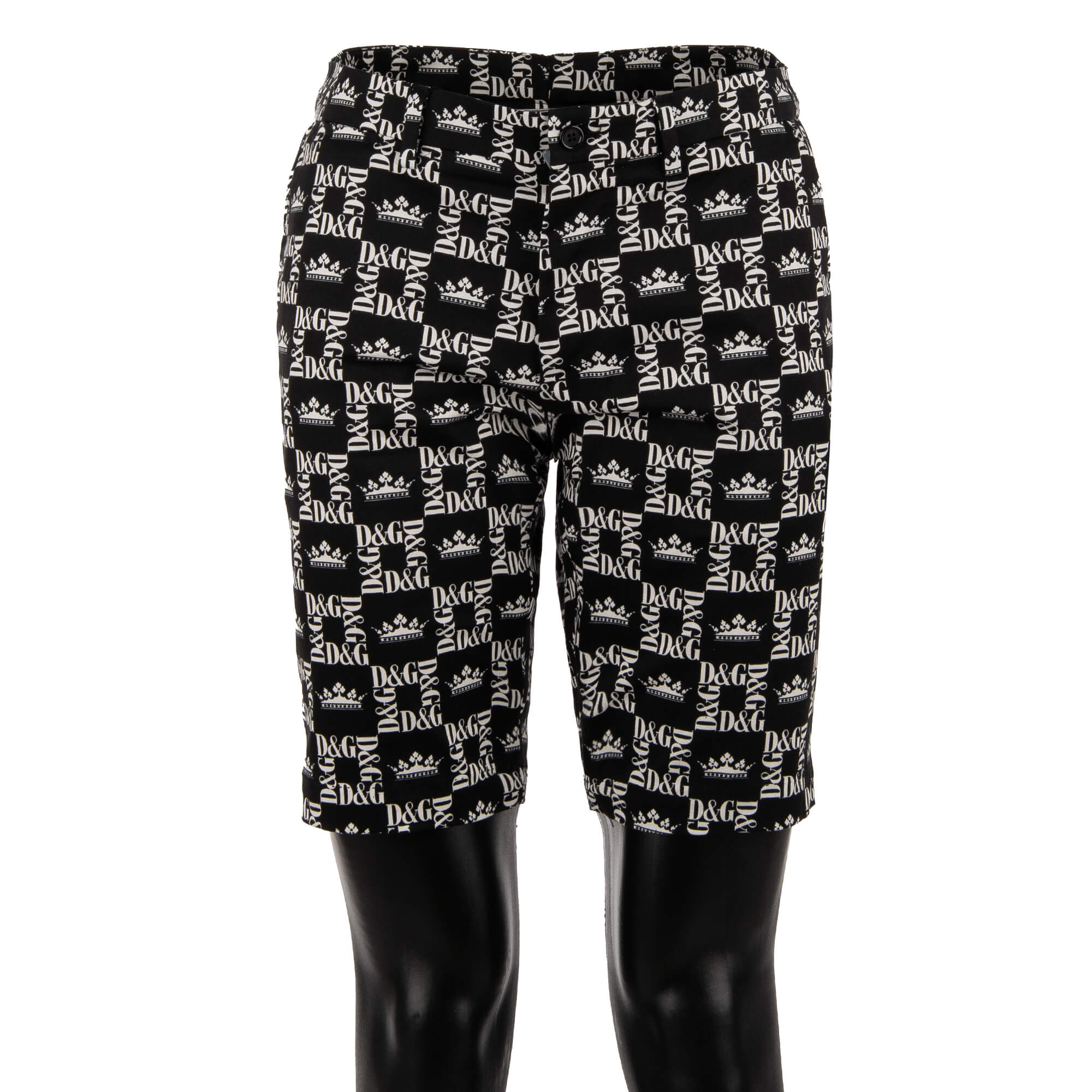 Cotton Shorts with Logo Crown Print and Pockets Black White