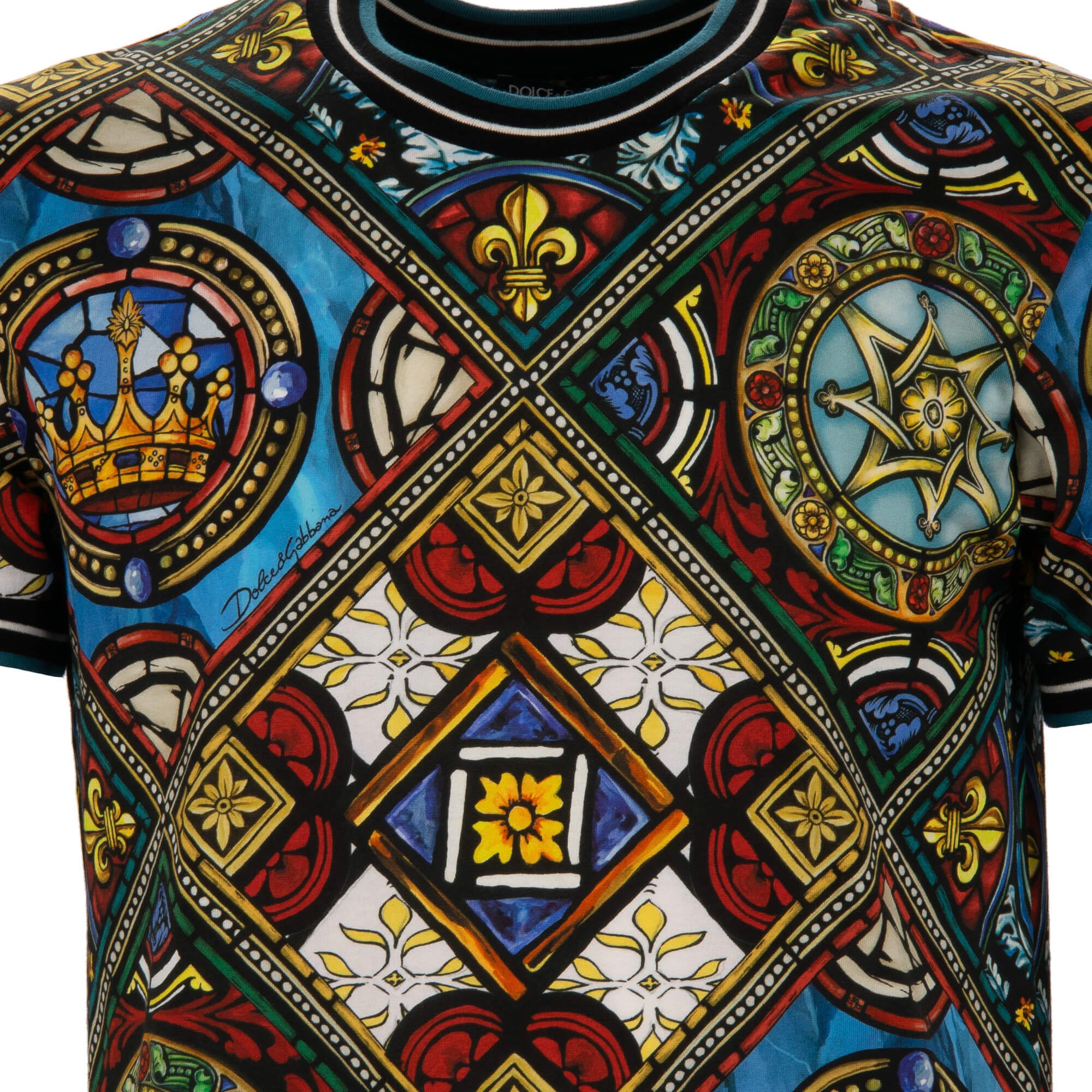 Baumwolle T-Shirt mit Vitragen Print und gerippten Elementen in Blau, Schwarz und Gold von DOLCE & GABBANA