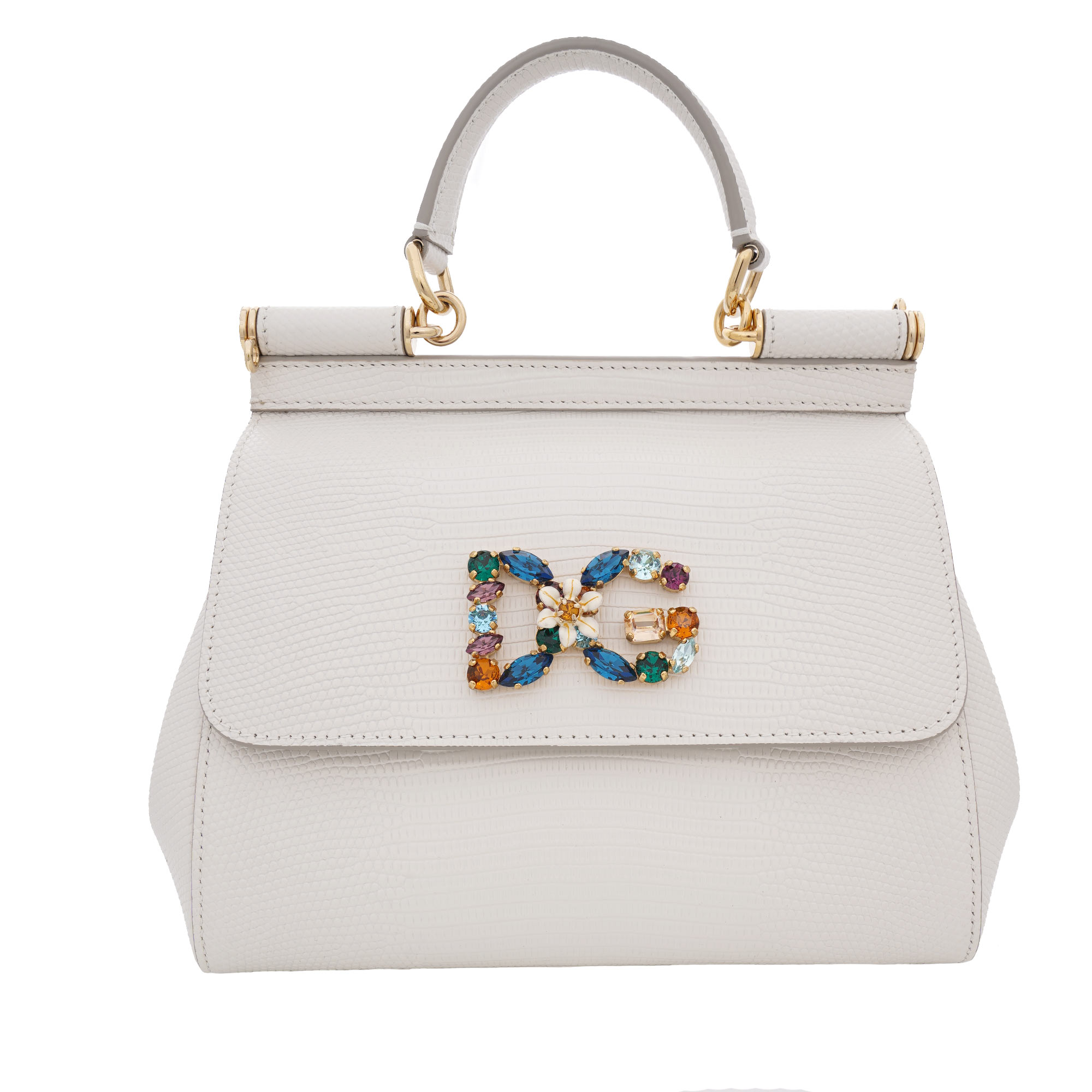Eidechse Print Leder DG Kristall Logo Tasche SICILY Weiß Gold