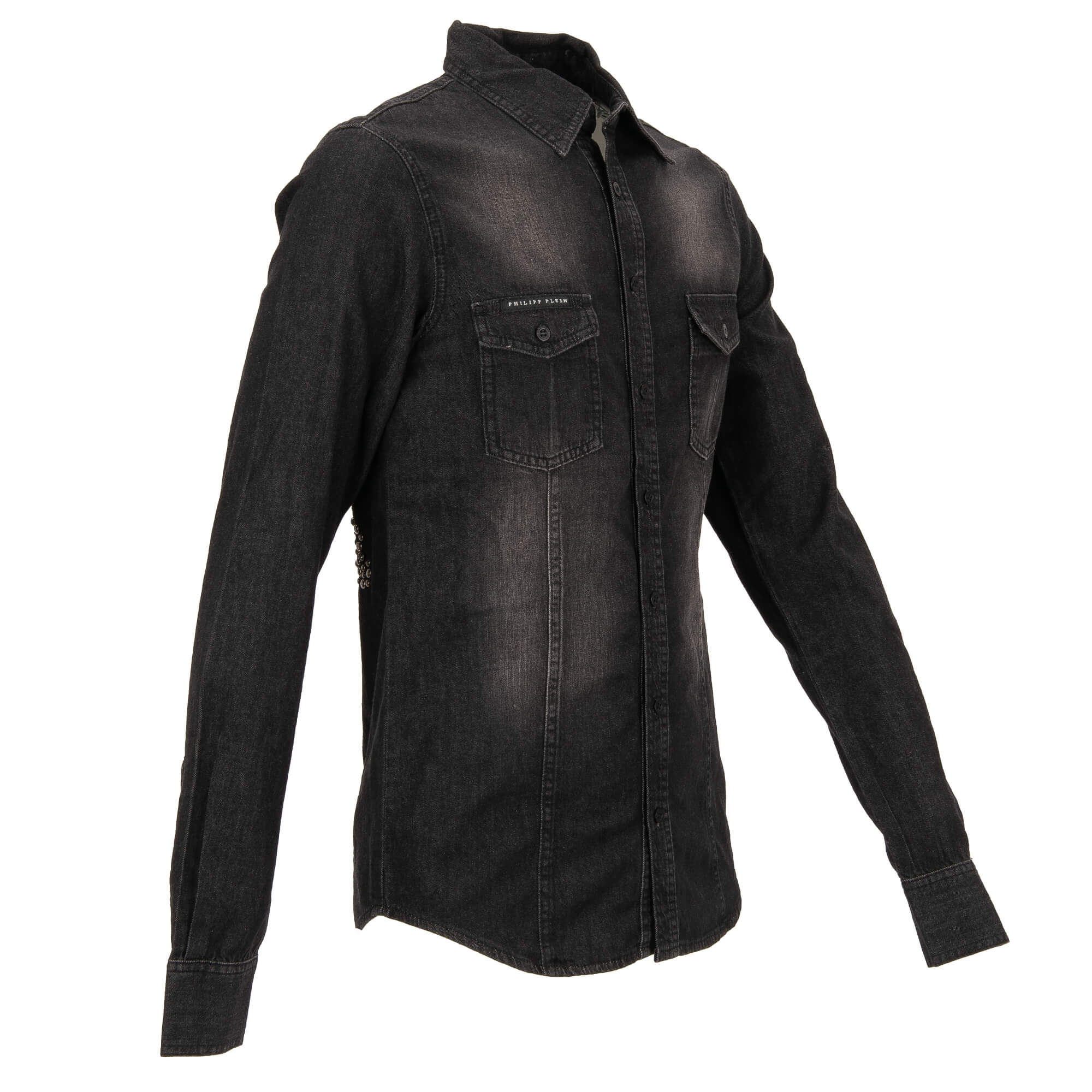MARLON Jeans / Denim Hemd mit Kristall Perlen Skull und zwei Taschen vorne in Grau / Schwarz von PHILIPP PLEIN