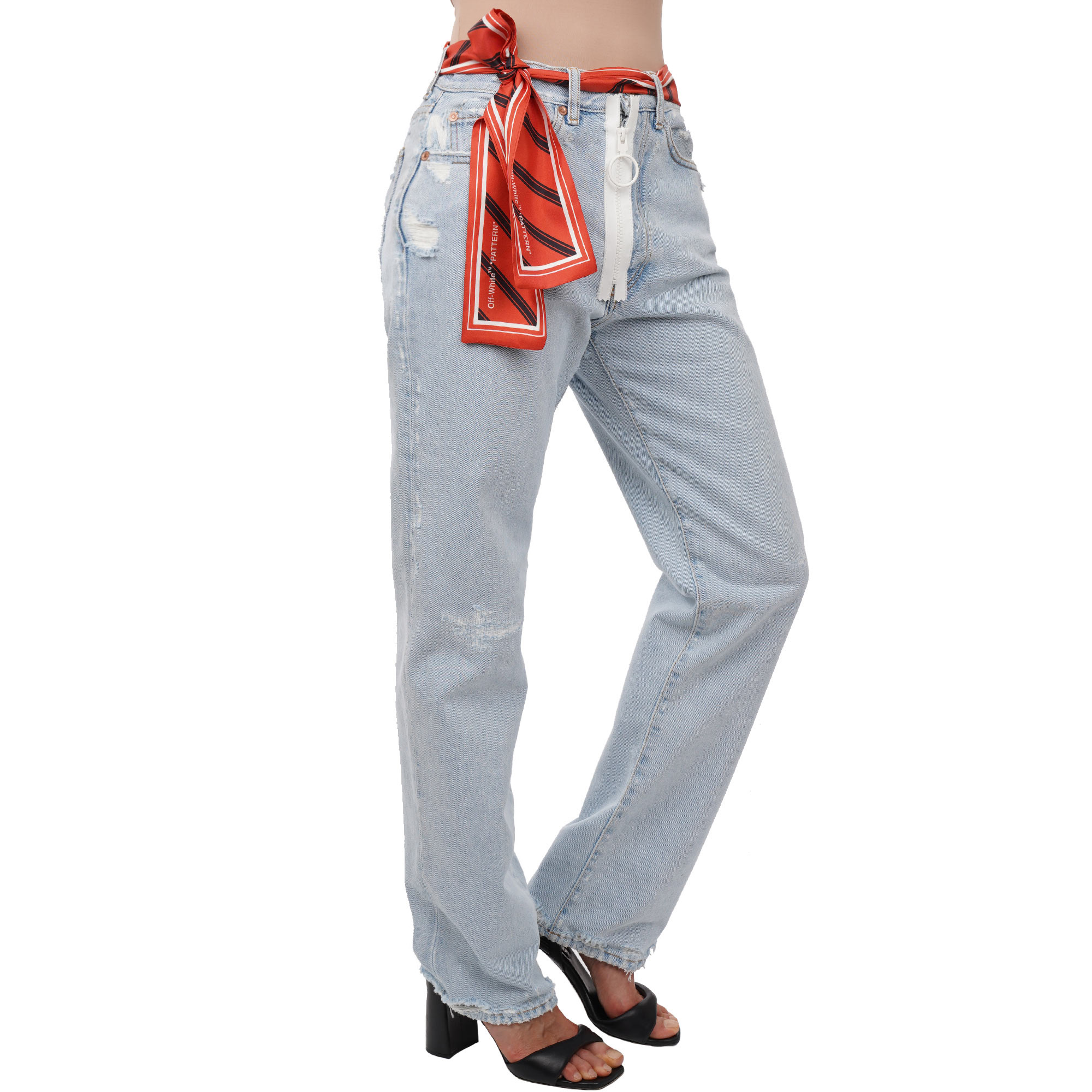 Virgil Abloh Logo Silk Scarf Straight Distressed Jeans Blue