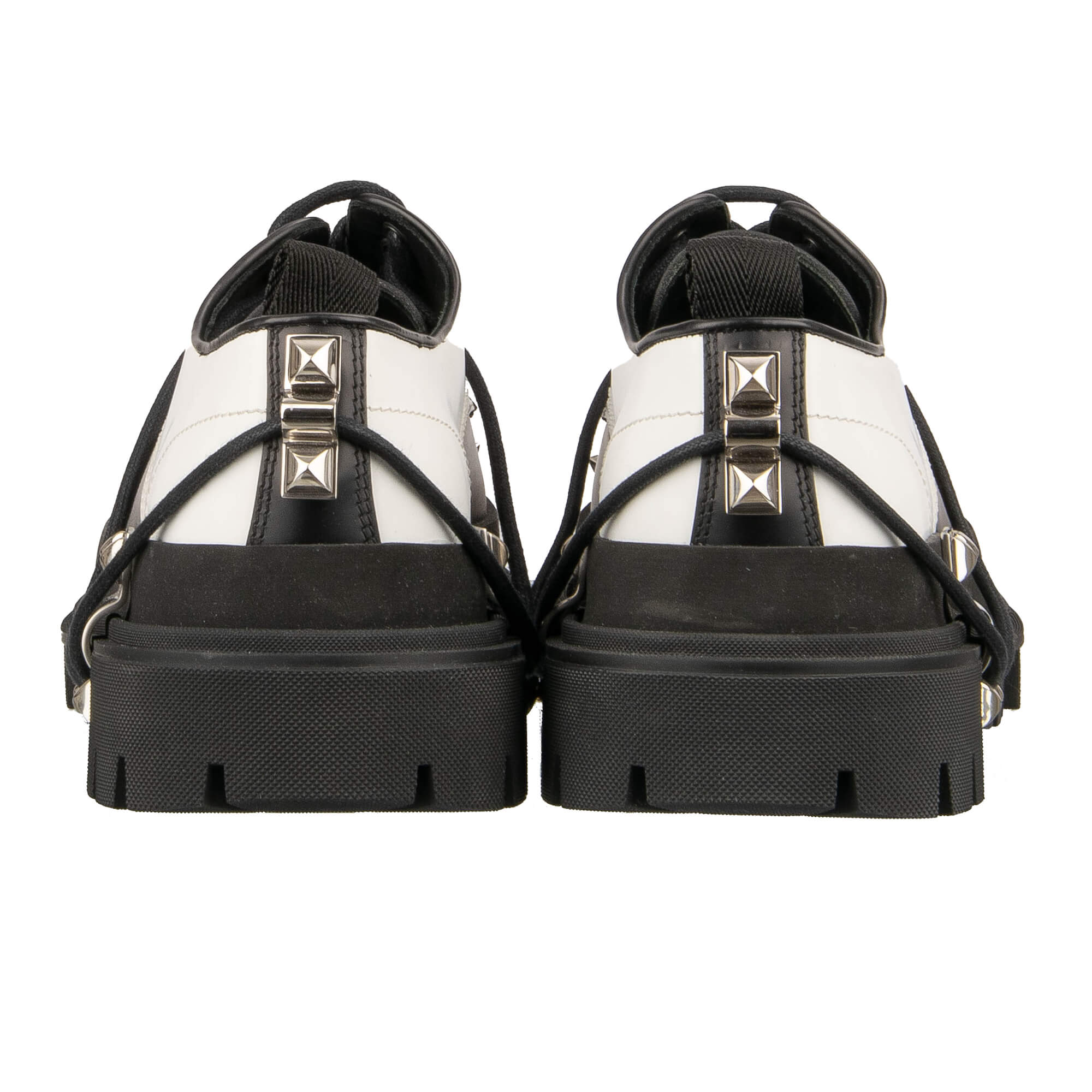 Leder Plateau Hi Trek Combat / Biker Stiefel mit Applikationen us Metall und großem DG Logo in Schwarz und Weiß von DOLCE & GABBANA