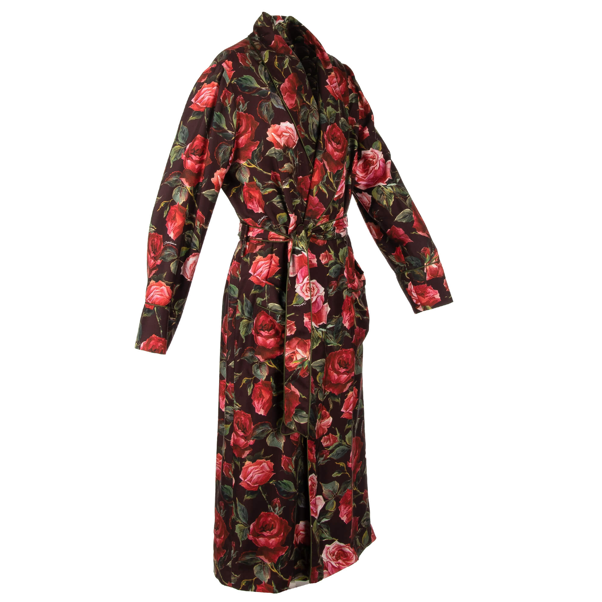 Silk Coat / Robe with roses print and large shawl collar in red, green and bordeaux by DOLCE & GABBANA