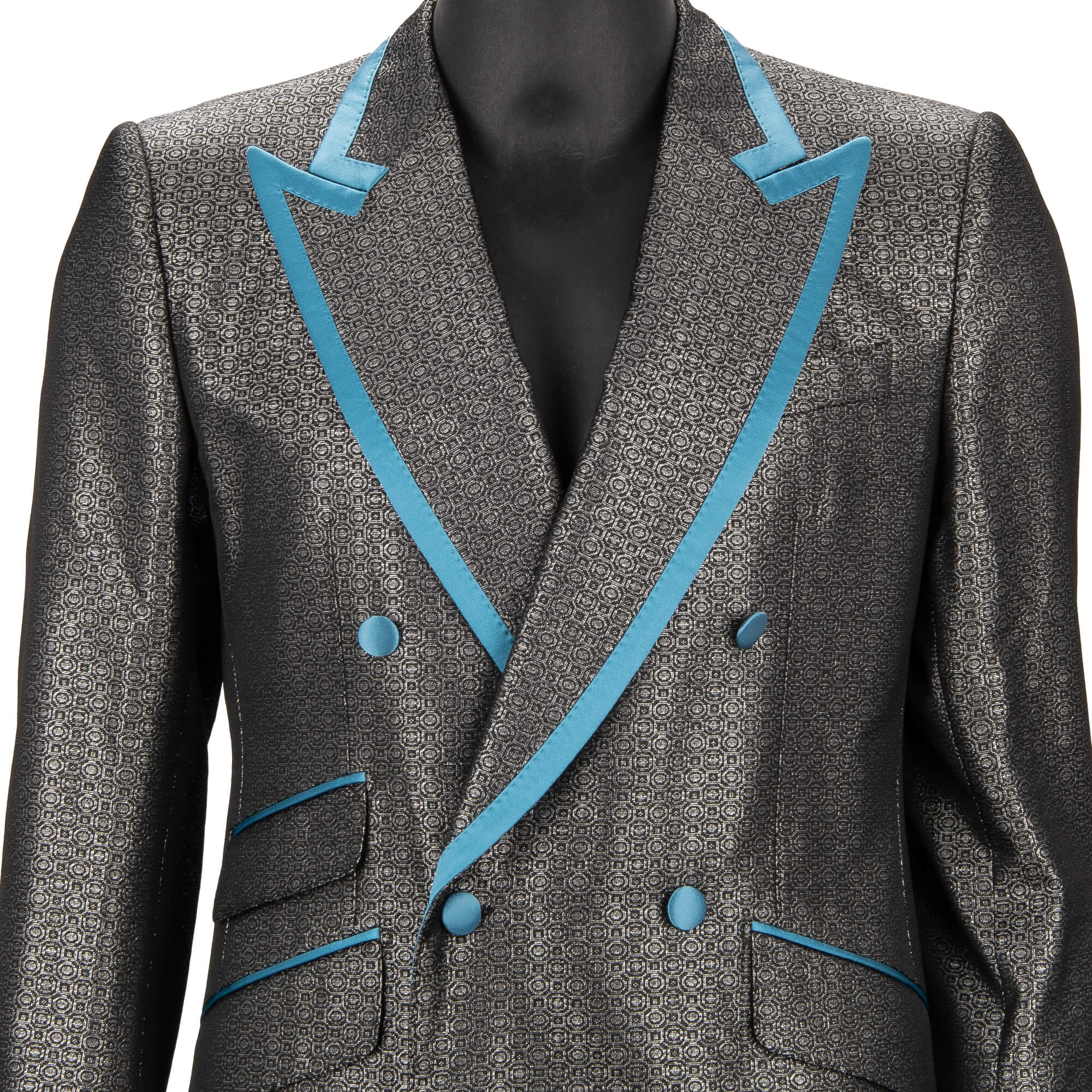 Metallic jacquard double-breasted suit with contrast peak lapel in silver, black and blue by DOLCE & GABBANA 