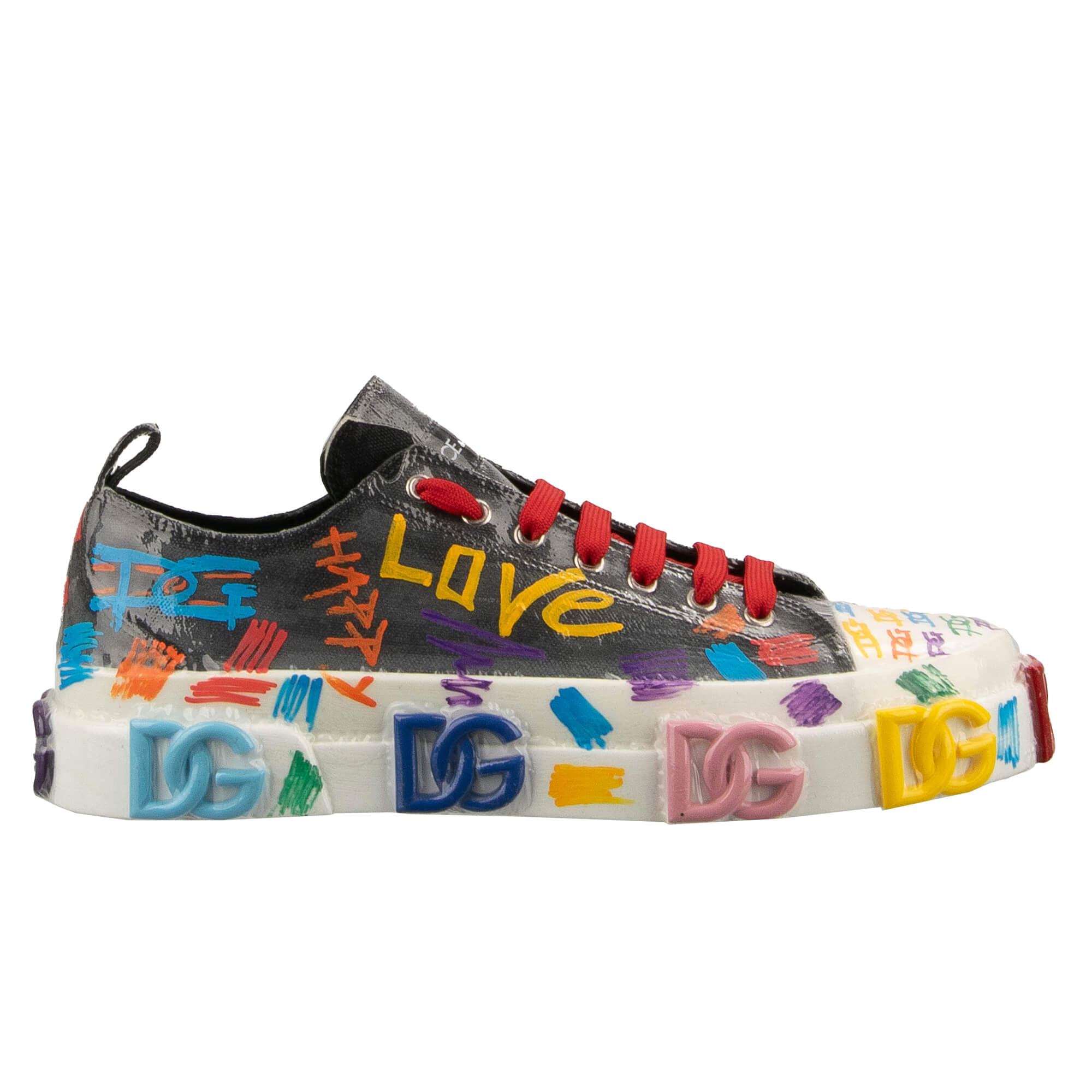 Graffiti Herren Low Top Stoff und Leder Sneaker PORTOFINO mit DG Gold Logo und Plastik Folie Design in Grau und Weiß von DOLCE & GABBANA